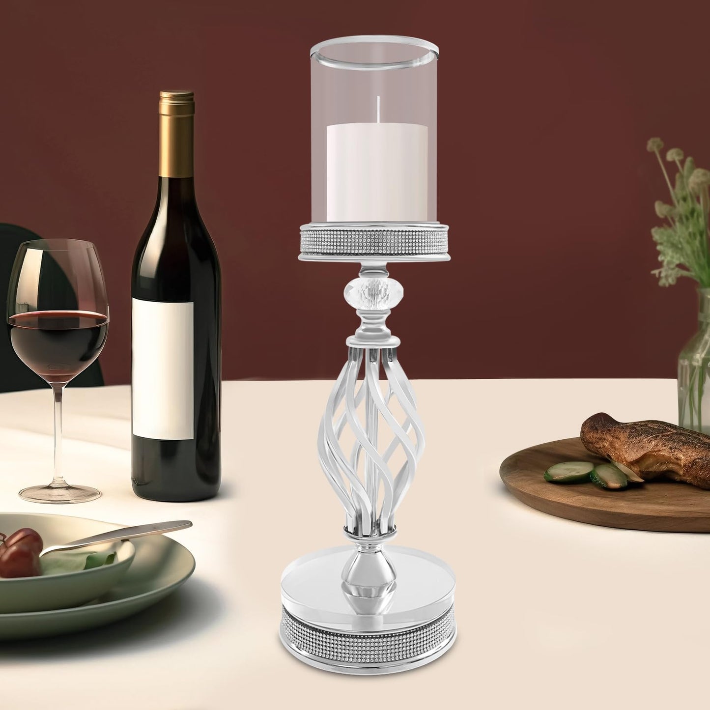 Candle Holder, Crystal Candlesticks Holder Set, Tabletop Pillar Candle Holders for Wedding, Parties, Events, Chirstmas, Home Decor, Table Centerpieces (Silver 01, L)