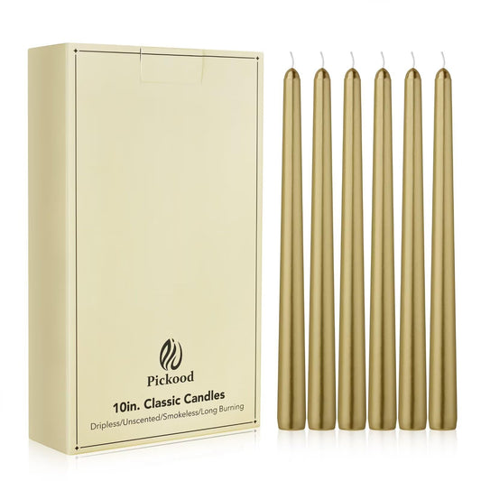Pickood New Burning Formula Unscented Dripless 10-Inch Taper Candles Set of 12 - Gold, for Wedding, Dinner - Smokeless, Long Burning - Hand Poured, Colored Tall Candlesticks - Oro