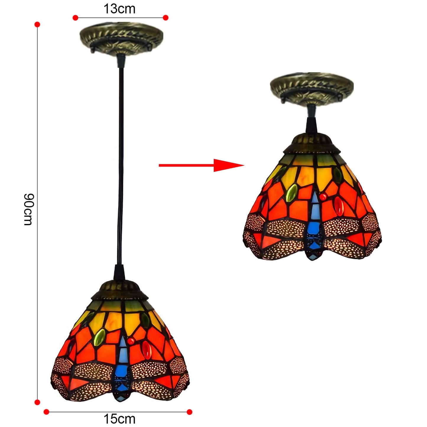 Vintage Chandelier with Stained Glass Shade - 15cm Adjustable Mini Pendant Light, Hanging Ceiling Lamp for Living Room, Bedroom, Dining Room, Hallway