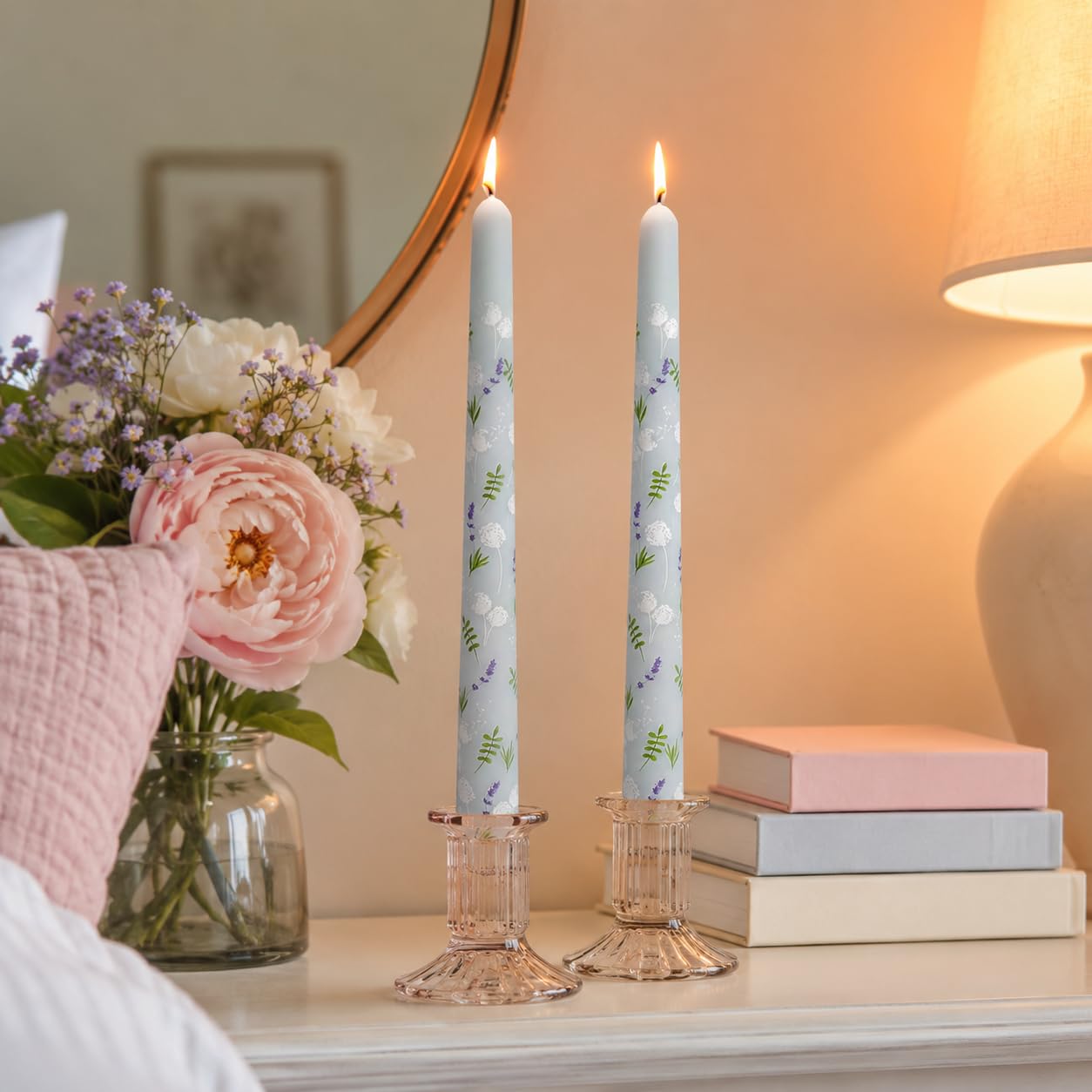 Dandelion Printed Taper Candles Set of 2, 10 Inch Handmade Candle Stick, Unscented Long Candle, Tapered Candles for Wedding Dinner Table Home Decor Gift