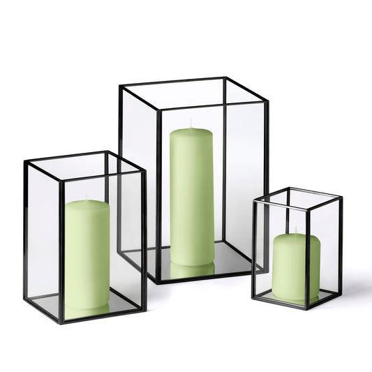 Yummi Set of 36 Slim Pillar Candles & Black Luxus Lanterns - Mint