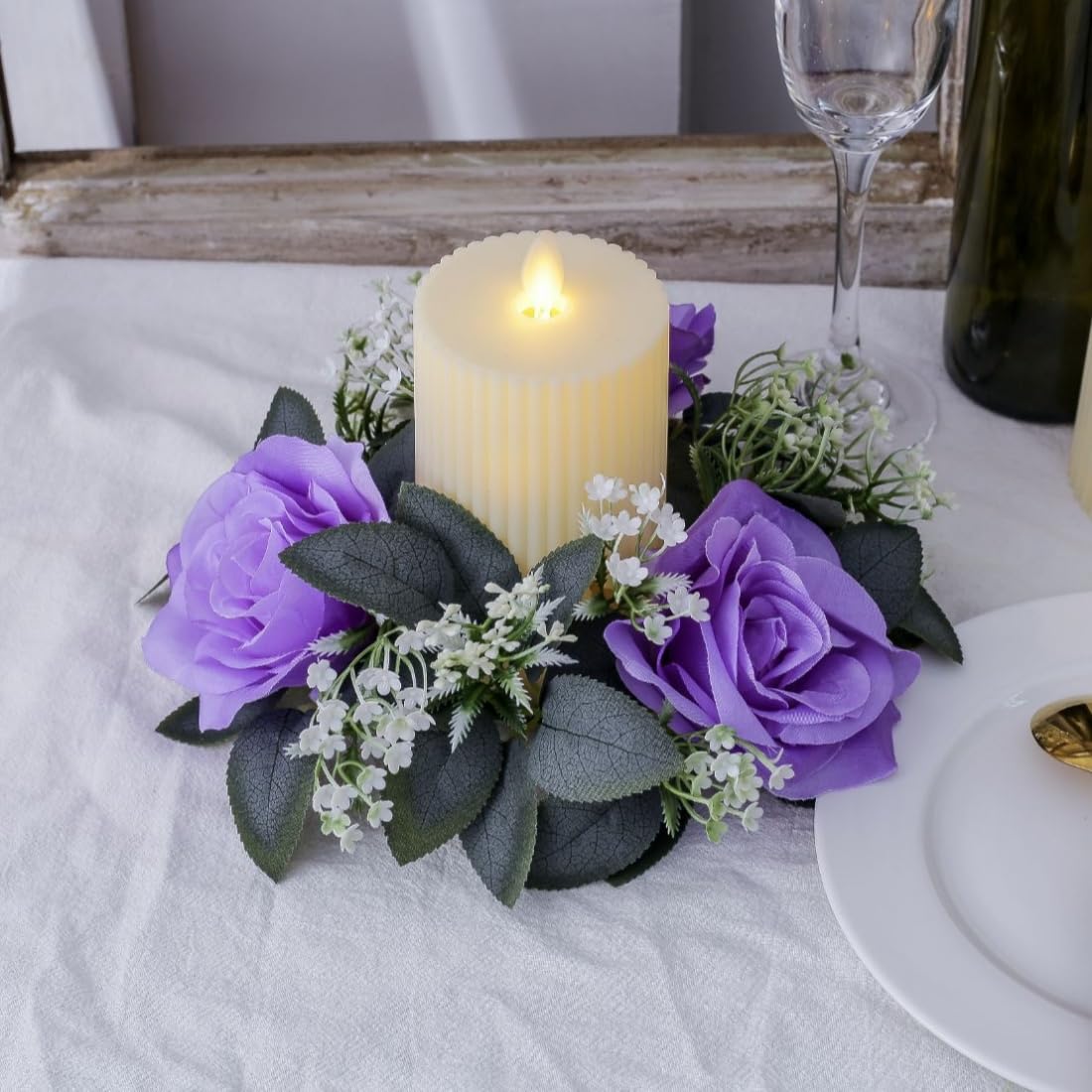 2 Pack Artificial Rose Candle Rings,Floral Wreaths with Eucalyptus Leaves Greenery Garland for Pillar Candle Lantern Wedding Centerpiece Party Home Table Decor (Purple)