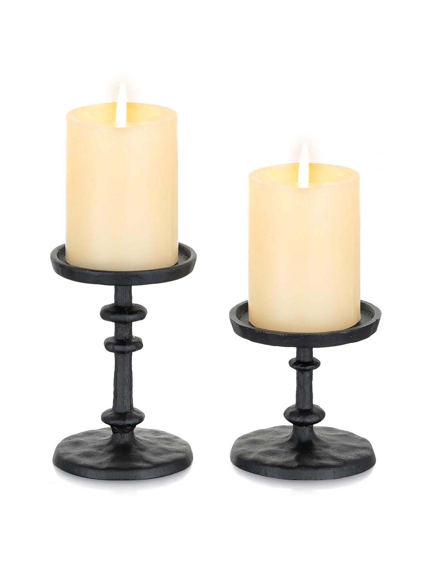NUPTIO Pillar Candle Holder Black: Solid Cast Iron Candle Stand for 3 Inch Pillars - Handcrafted Hammered Candleholder for Thanksgiving Christmas Fireplace Mantle Decor
