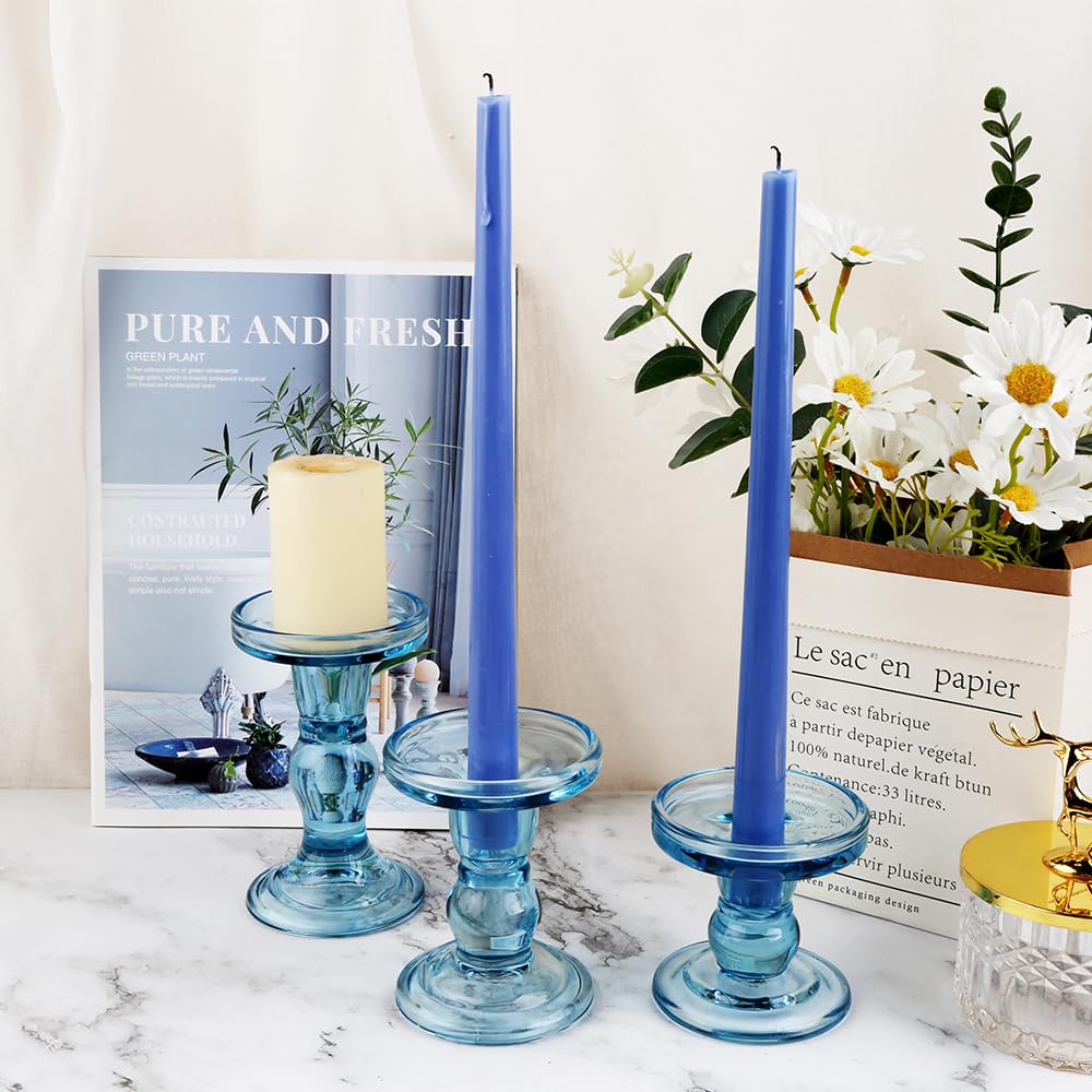 BTGLLAS 3-Piece Set of Blue Glass Candlestick, Crystal Candlestick Holder Holder and Conical Candle, Christmas Candle Holder Decoration, Family Living Room Wedding Candle Holder (Blue)