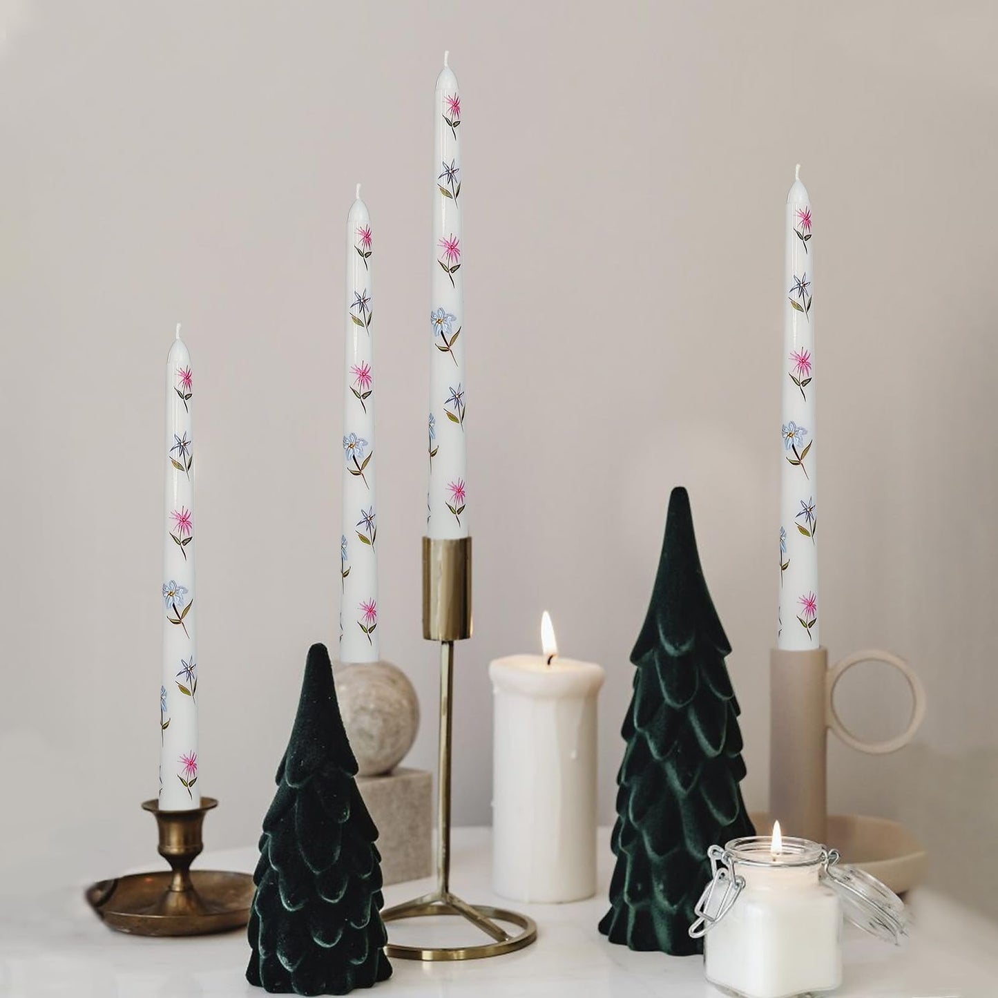 Floral Taper Candles 10 Inch Tall Unscented Handmade Blue Daze Print Long Burning Elegant Candlesticks for Wedding Dinner Home Decor