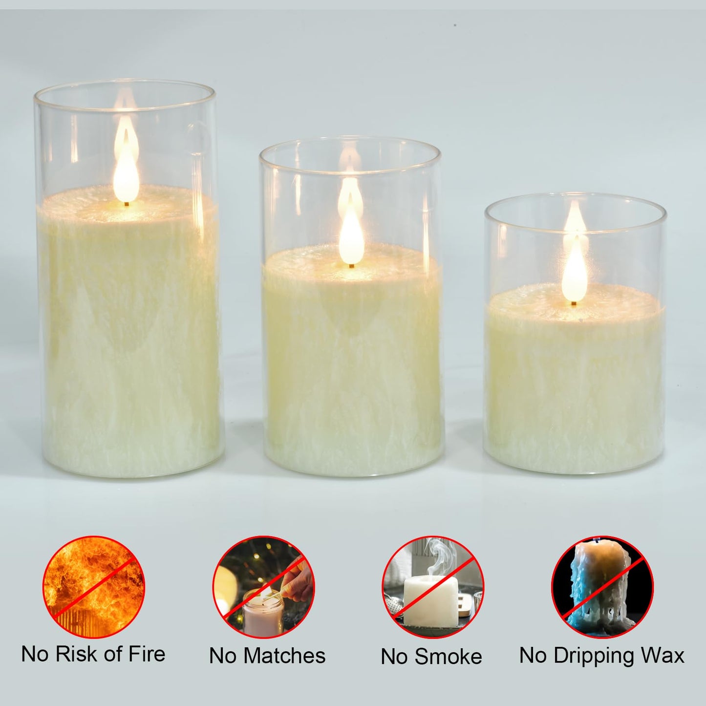 Flameless Flickering Remote Control Candle, Glass Pillar Candle,3 Pack (D:3"×H:4" 5" 6") LED 3D Flame Romantic Candle,Battery Operated Real Wax, Ideal for Wedding, Home Decor Holiday (Ivory)