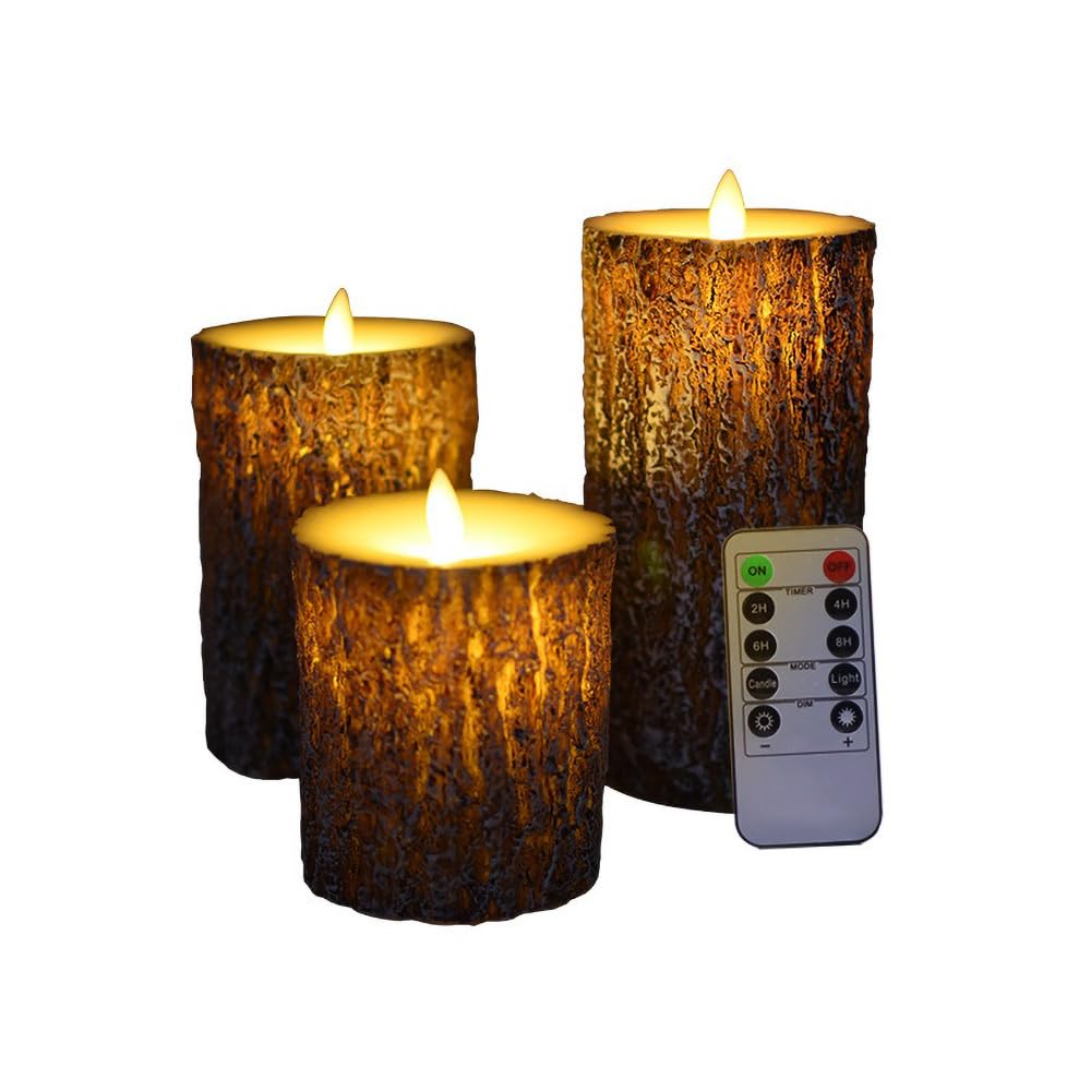 NICEME LED Pine Bark Flameless Candles with Remote Timer Set of 3 Real Wax Battery Operated Candles Flickering Moving Wick Electric Decorative Pillar Bark Candles, D3 x H4 5" 6"