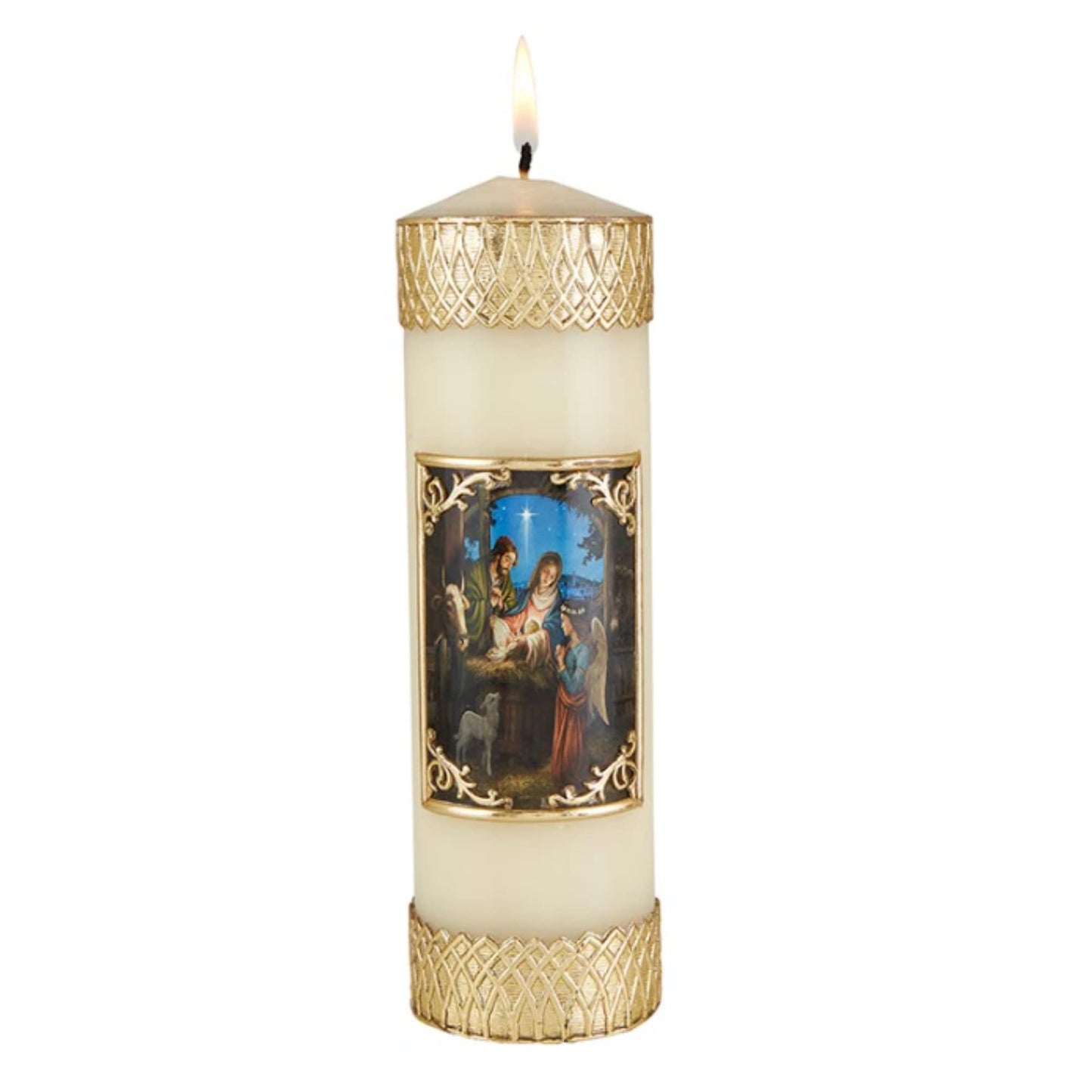 Needzo Gold Tone Nativity Scene Ornate Pillar Candle for Christmas Mass Decoration or Holiday Candles for Homes, Mantels or Centerpieces, 7.75 Inches