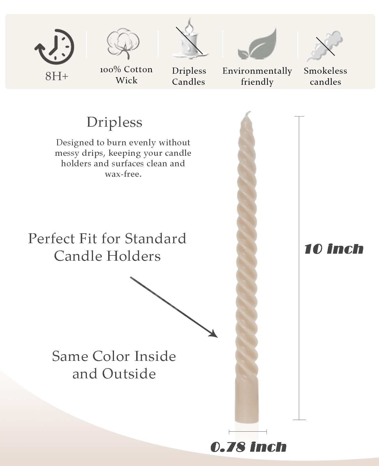 LPUSA Sahara Beige Taper Candles Brown Spiral Candle Sticks,Unscented Dripless Long Candlesticks for Holiday,Wedding and Fall Decoration,10inch,12 Pack,E