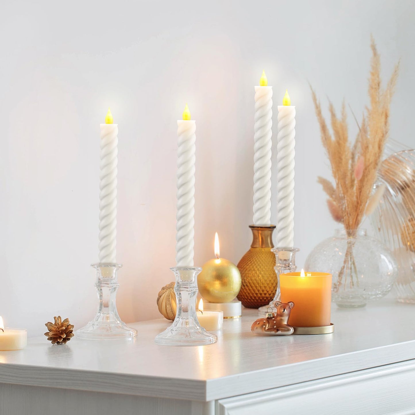 Baquler 6 Pcs White Flameless Taper Candle Twisted LED 9.65 Inch Spiral Taper Candles Battery Operated Twisted Candlesticks for Spring Wedding Birthday Home Party Holiday Dinner Fireplace