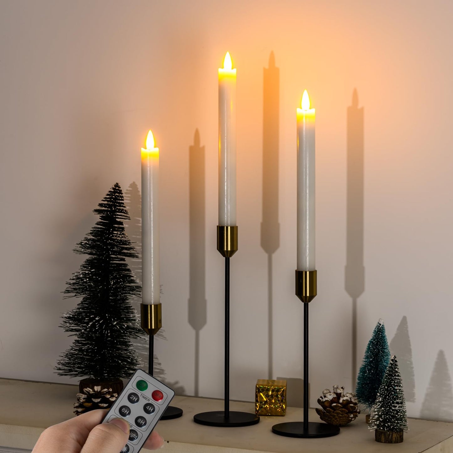 Homemory Waxy Flameless Taper Candles with Remote Timer Dimmer, Battery Operated Candlesticks Flickering, LED Window Candles Realistic, 9.6 Inches for Christmas Wedding Indoor Decor, White, 6 Pcs