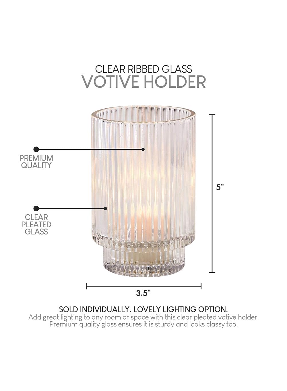 Serene Spaces Living Clear Ribbed Glass Votive Holder, Decorative Centerpiece for Wedding, Christmas, Thanksgiving, Dining Table, Living Room, Home Décor, 3.5" Diameter & 5" Tall, Pack of 24