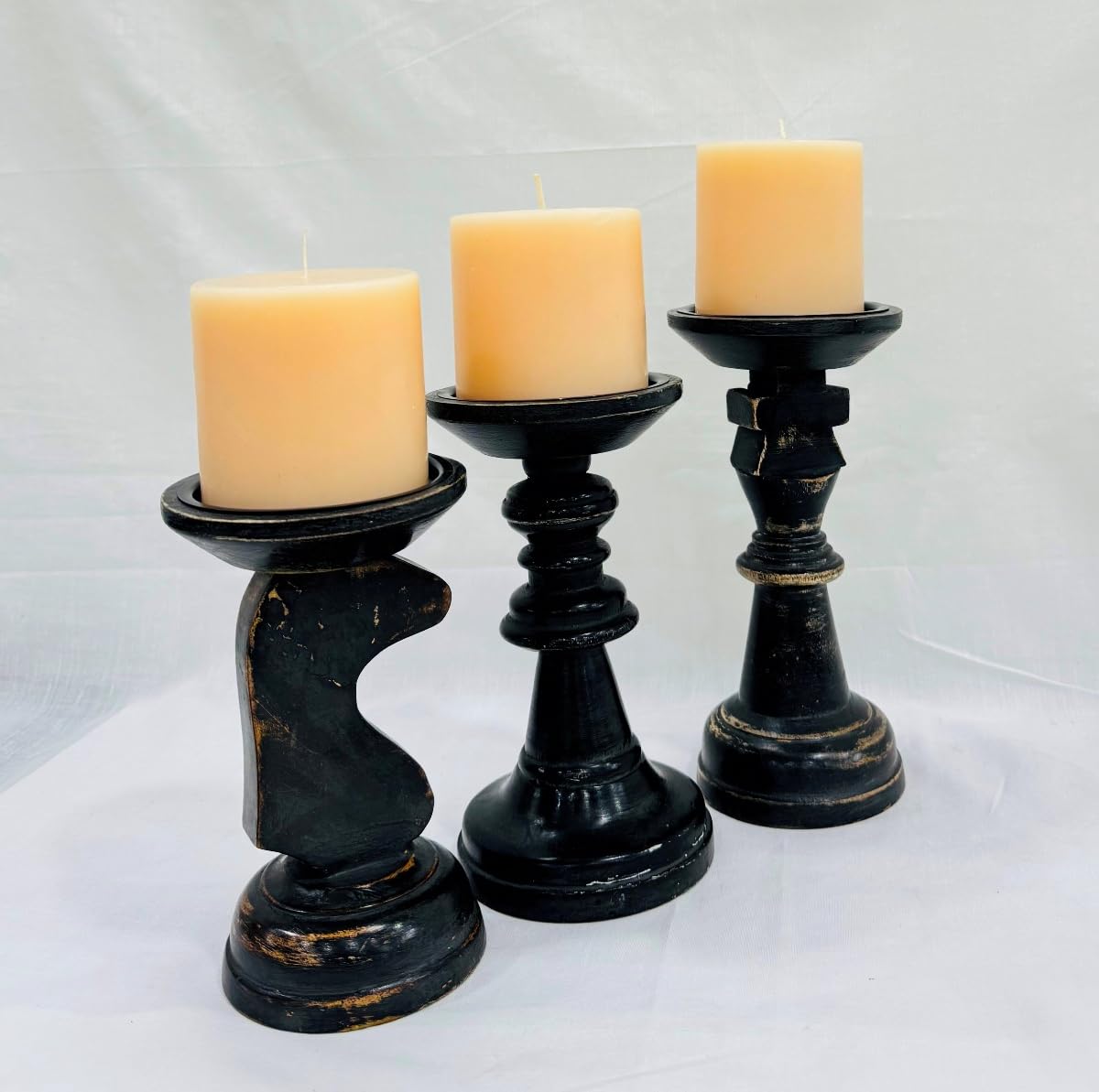 Wooden Black Candle Holders for Pillar Candles Farmhouse Wood Candle Holder Table Centerpiece Decor, Candle Holders Shaped Like Chess Pieces (Set of 3) 6.5X7X8 Inch,