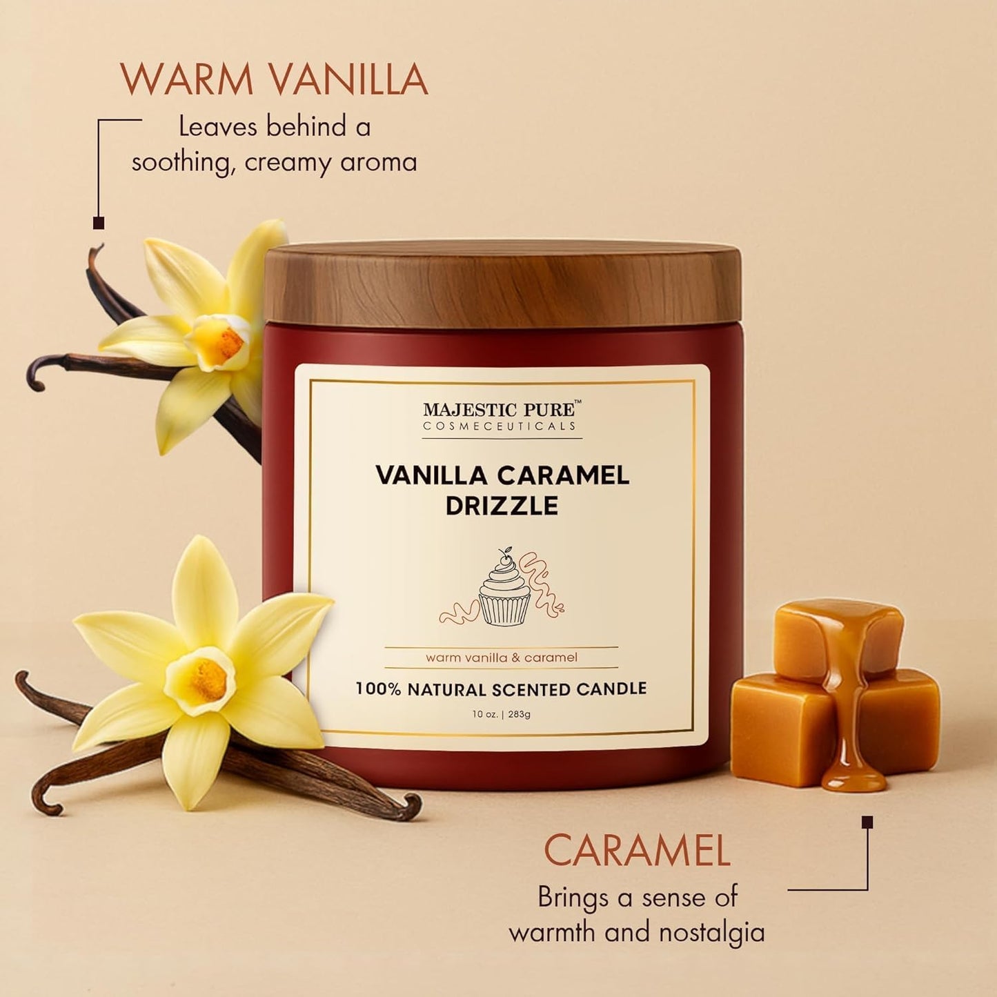 Majestic Pure Vanilla Caramel Scented Candle with Upto 45+ Hrs Burn Time, 2-Wick Candle, Soy Wax Blend for Cleaner Consistent Burn, 10 oz Jar Candle with Room Filling Fragrance, Drizzle