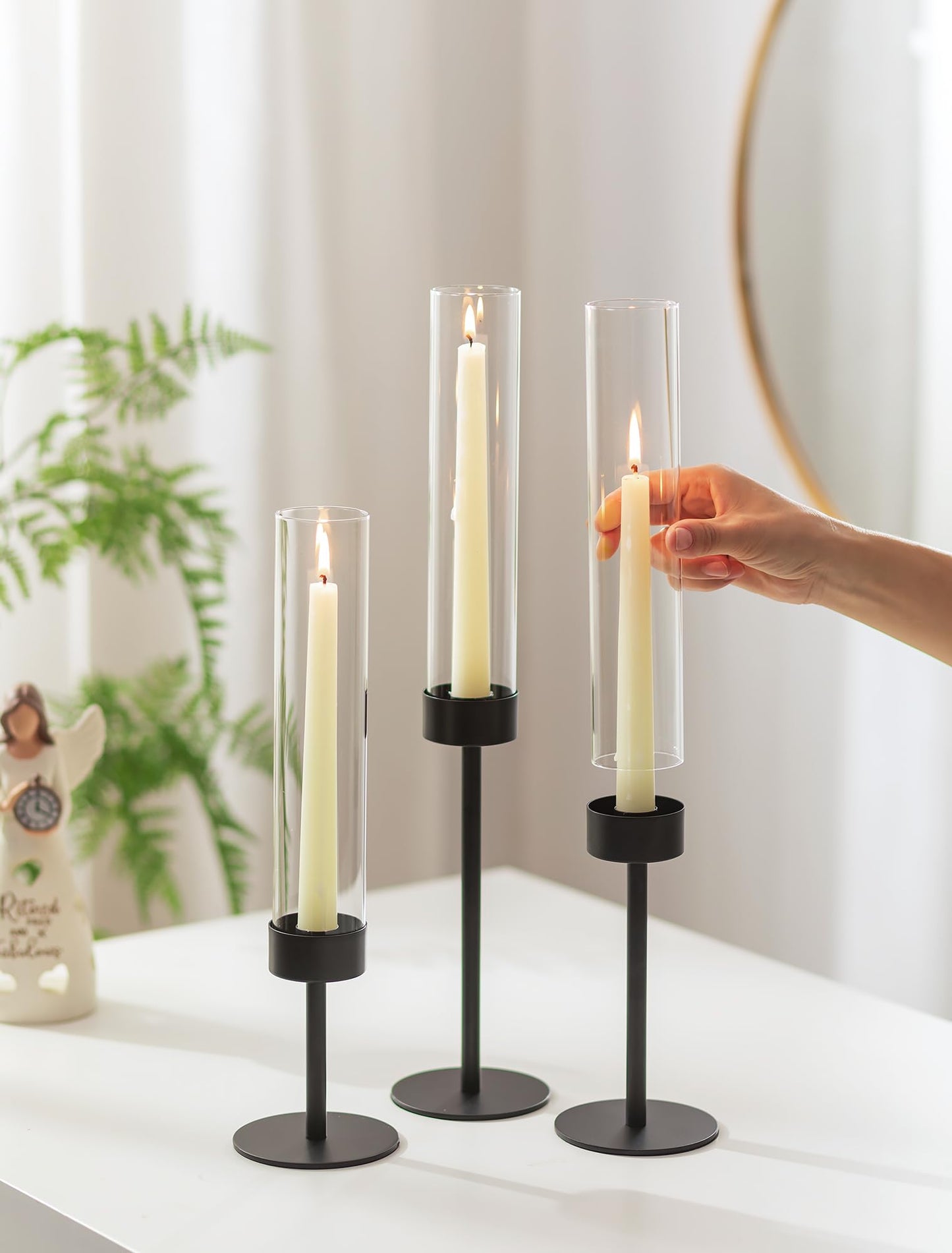 Romadedi Black Candlestick Holders Hurricane - Metal Taper Candle Holder Tall Windproof Glass Cylinder for Indoor Outdoor Table Centerpiece Christmas Halloween Modern Home Decor Set of 3