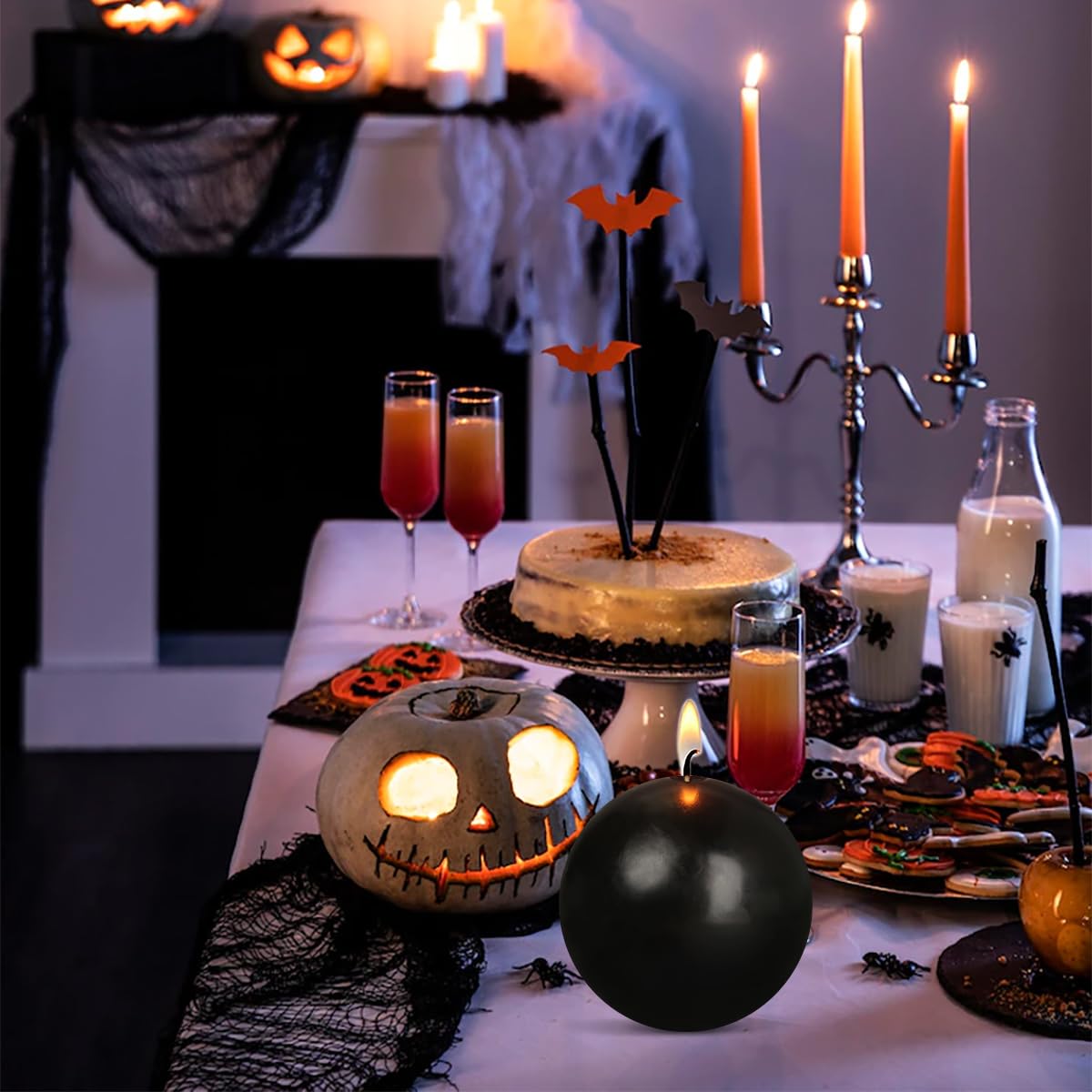 Ball Pillar Candles Set of 3 Black 3Inch Unscented Handpoured Weddings, Home Decoration, 75 Hour