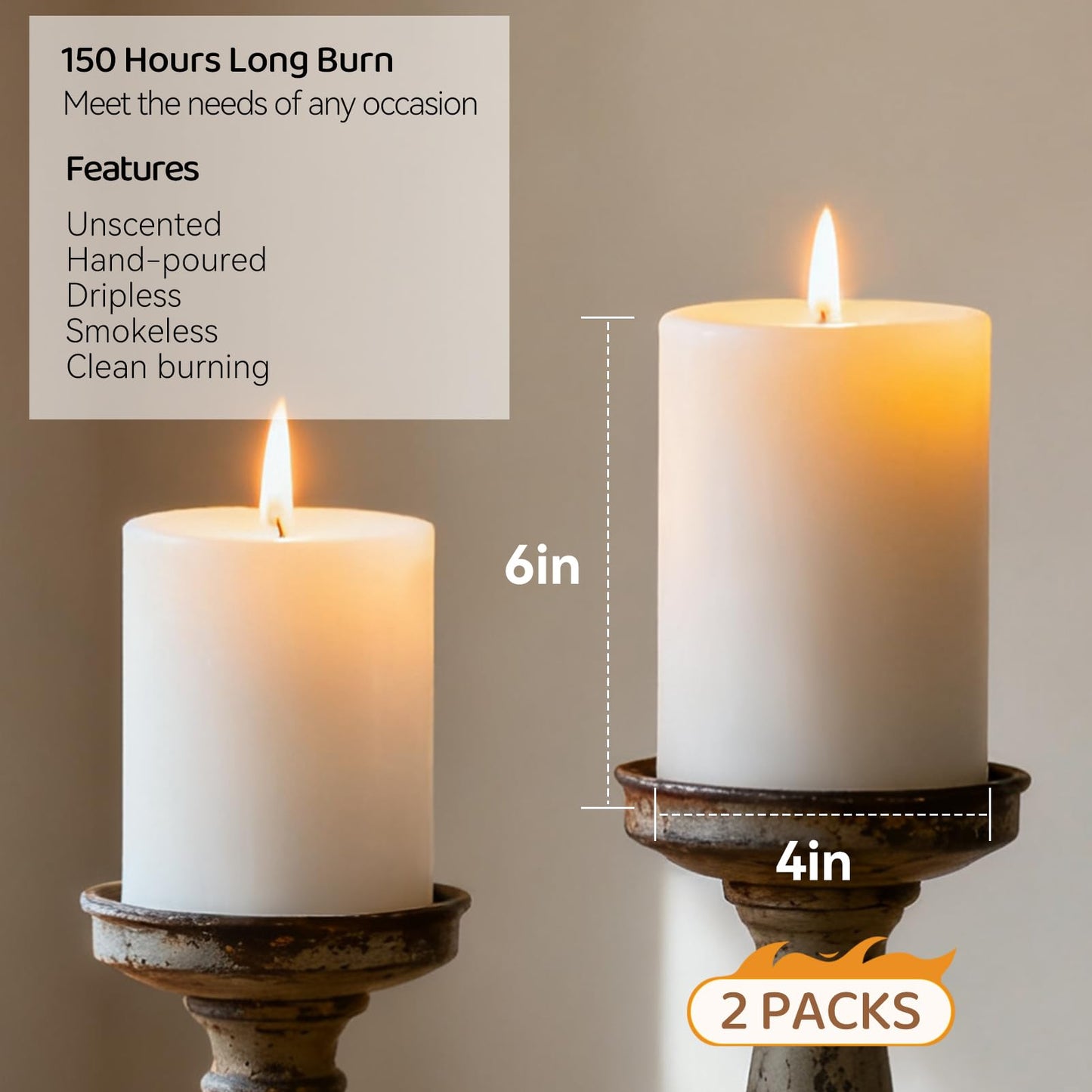 4x6 Inch White Pillar Candles, 2 Packs, 300-Hours Long Burning Time Totally, Unscented Large White Candles for Mantel Decor, Home Holiday Table Decor, Smokeless & Dripless