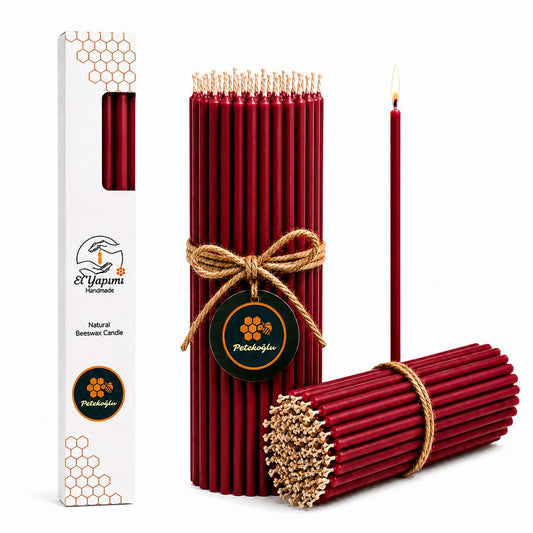 Petekoğlu 15-Pack Beeswax Wish Candles – Handcrafted, Drip-Free, Smoke-Free Slim Taper Candles for Rituals, Meditation, Birthday & Home Décor – Natural Honey Scent 7.87” x 0.24” (Burgundy)