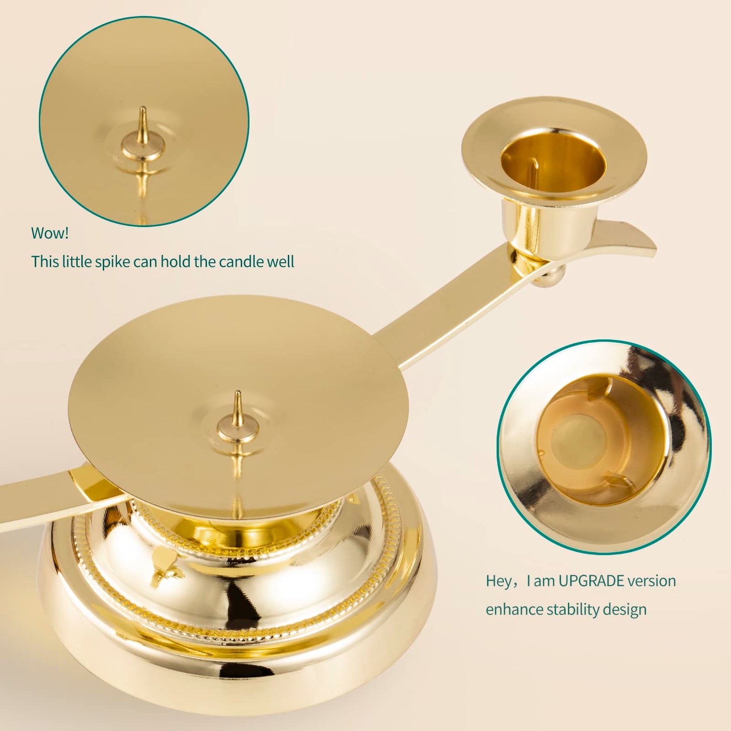 Gold Unity Candle Holder for Wedding and Gifts, ARCHOBAN 3-Candle Design Candle Holder with Stabilizing Pin and Side Support Pegs, Perfect for Unity Candles for Wedding, Anniversaries.
