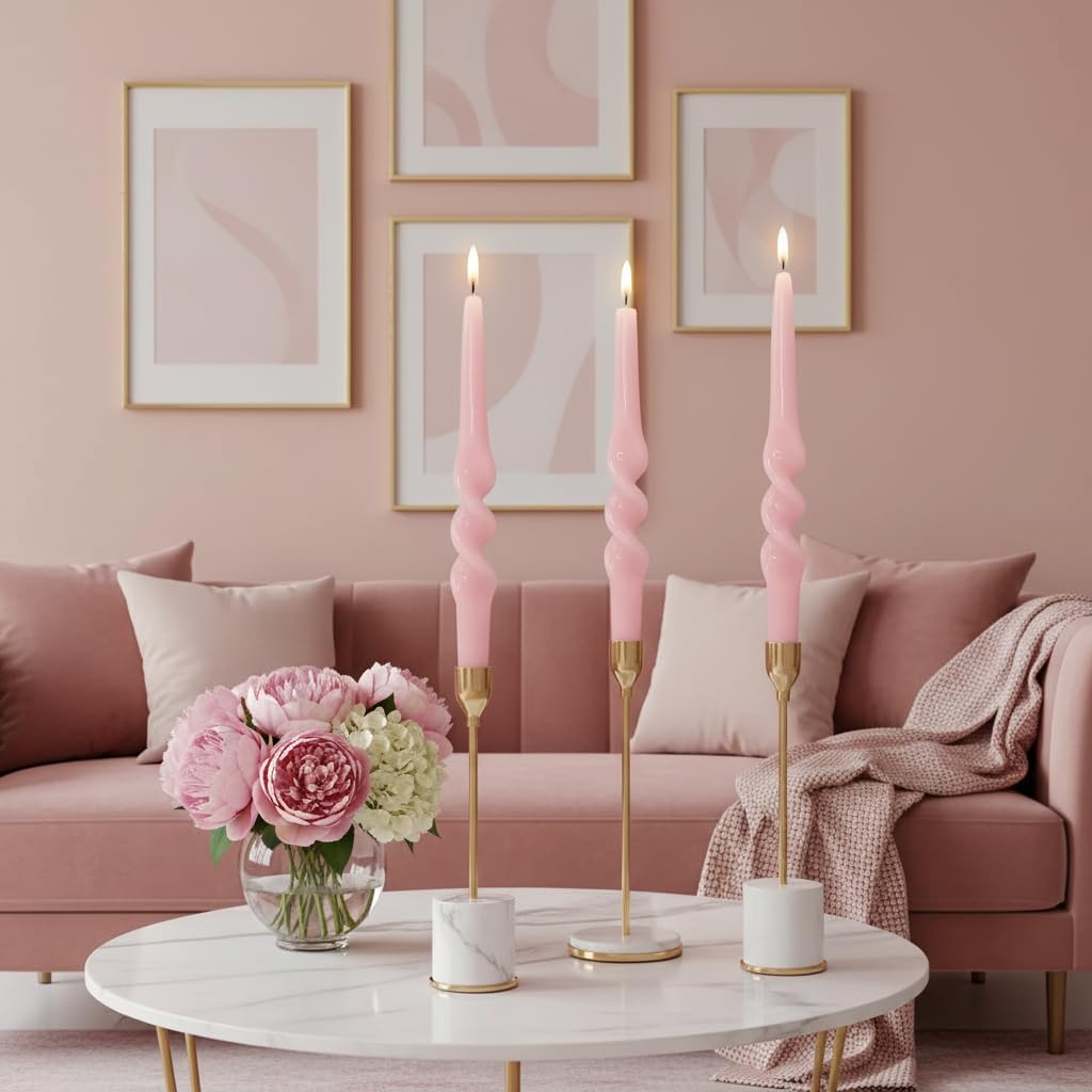 Spiral Taper Candles Pink Twisted Candlesticks Handmade Unscented Long Tapered Candle Dripless Pastel candlesticks for Easter Valentine Home Décor Weddings Holiday Gifts