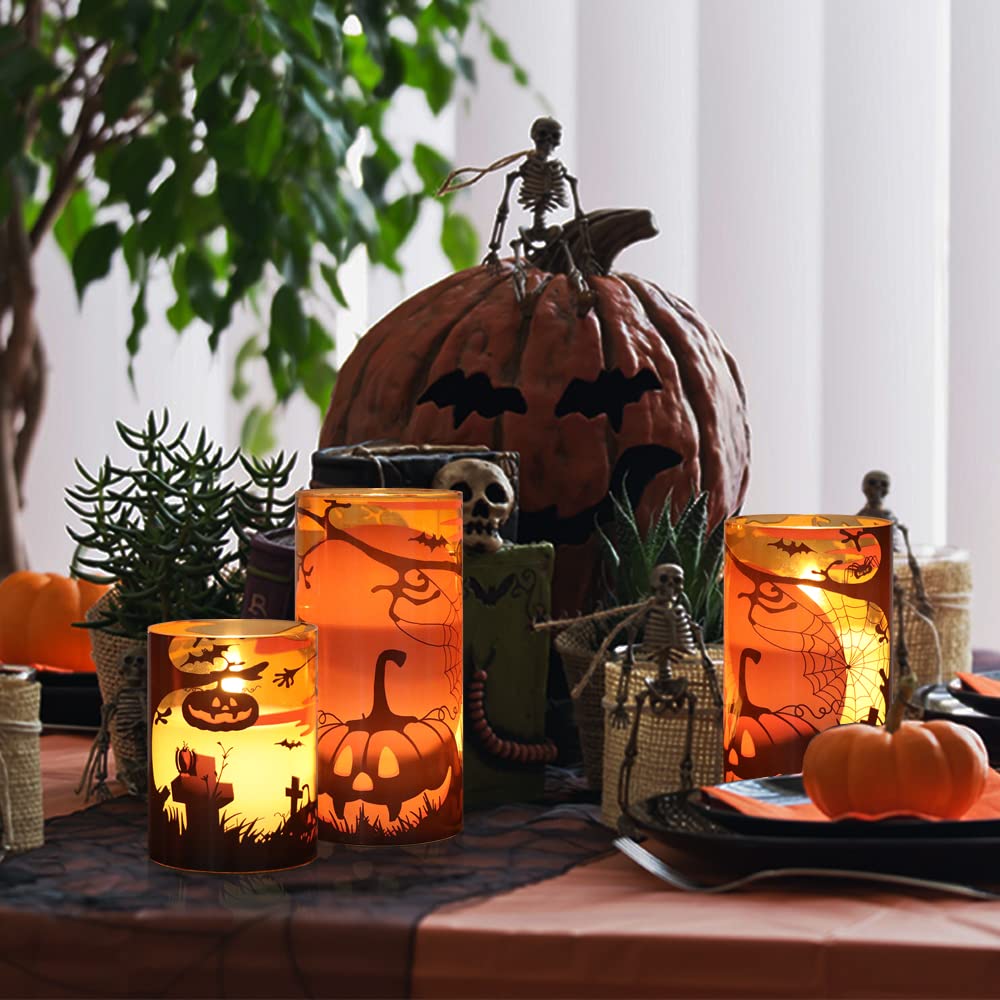 GenSwin Halloween Candles with Pumpkins, 3 Pack Flameless Candles with Remote Timer, Orange Pumpkin Glass Candles Battery Operated with Spiderweb, Halloween Spooky Indoor Decorations (D3” x H4”5”6”)