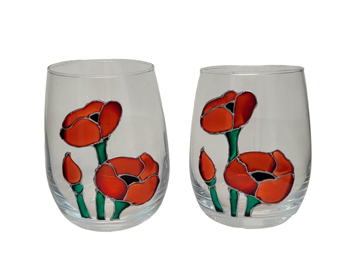 Red Poppy Flowers Hand Painted Stemless Wine Glasses Set 2