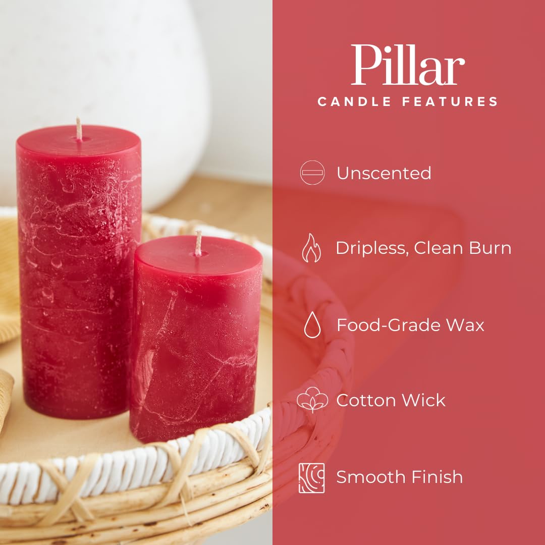 Simply Soson 3x4, 3x6, 3x8 inch Red Pillar Candles, Set of 3 Pillar Candles, Rustic Texture, Unscented Red Candles, Dripless Candles, Ideal as Wedding, Parties, Spa, Dinner, Home Decor, Church