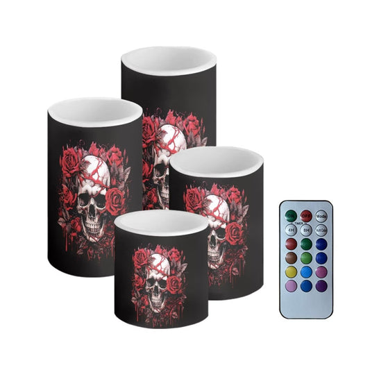 NETILGEN Rose Flower Skull 4 Pcs Flameless Candles with Remote/Timer, Decorative LED Pillar Candles Color Changing Flickering Candles for Home Party