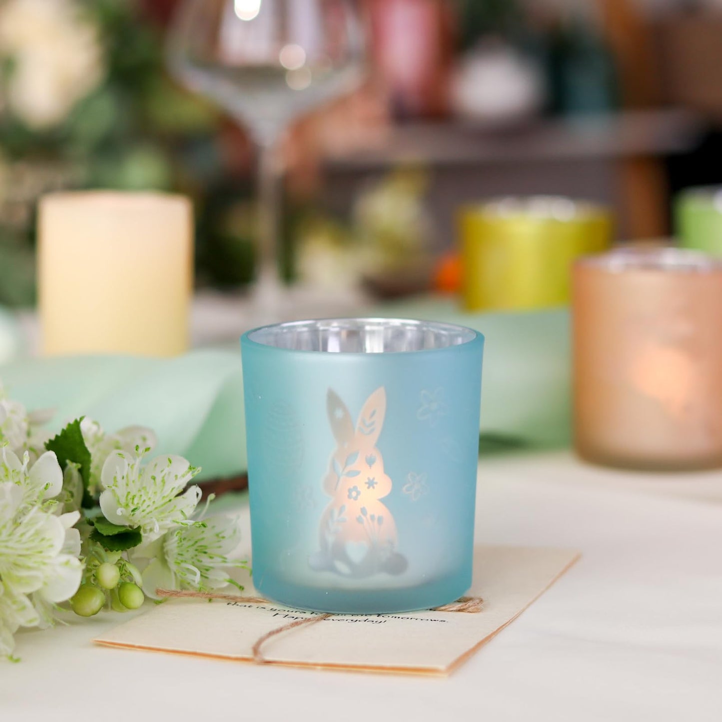 SHMILMH Easter Candle Holders Set of 4 Frosted Glass Votive Tealight Holders Engraved with Bunny Egg Easter Decorations Home Decor Table Centerpiece Gift for Women