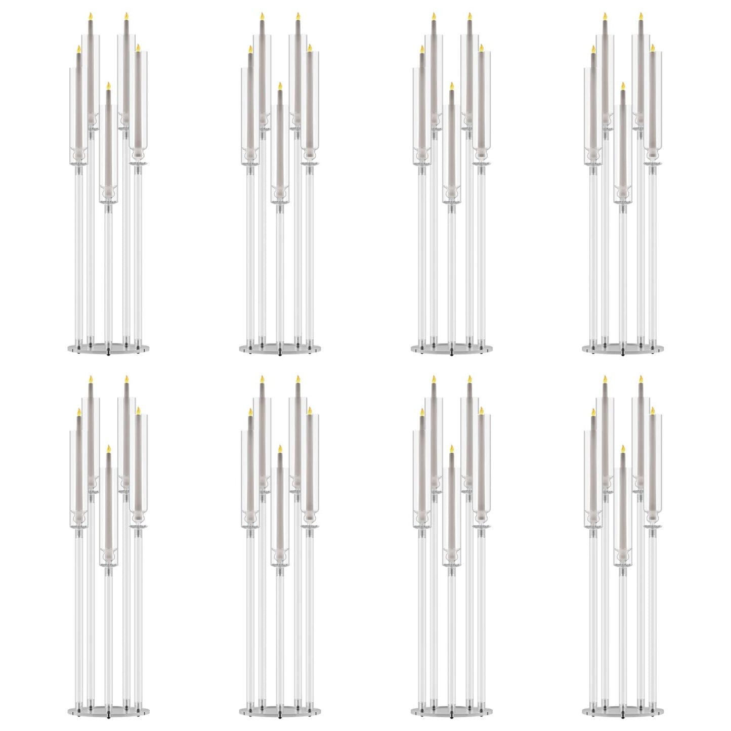 4 Pack Acrylic Candelabra Centerpieces, 5 Arm Clear Candlestick Holder with Acrylic Shade, 3 Height Adjustable Taper Candle Holder for LED Candles (Diameter ≤0.86”), Wedding Table Decoration 8pcs