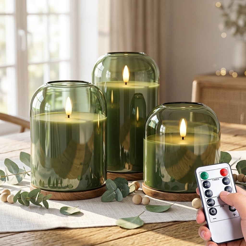 Mid Century Modern & Boho Home Decor, 3-Pack Olive Green Glass Battery Operated Candles, Flameless LED Pillar Candles with Remote & Timer, Realistic Flickering 3D Wick for Mantel, Shelf, Entryway