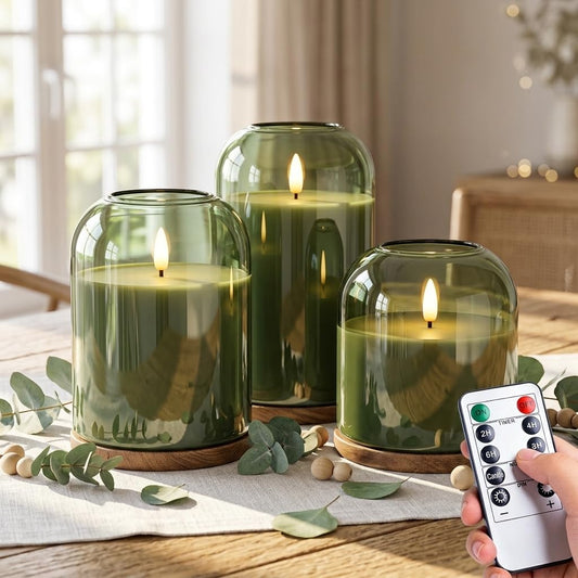 Mid Century Modern & Boho Home Decor, 3-Pack Olive Green Glass Battery Operated Candles, Flameless LED Pillar Candles with Remote & Timer, Realistic Flickering 3D Wick for Mantel, Shelf, Entryway