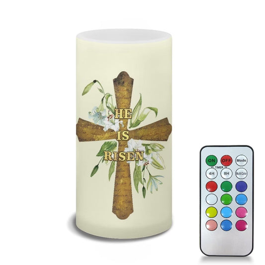 NETILGEN Flameless LED Candle Flickering Wick Electric Candles with Remote Timer Color Changing 5.9 Inches Pillar Candle for Home Table Centerpiece Easter Day Decoration, He is Risen Lily Cross