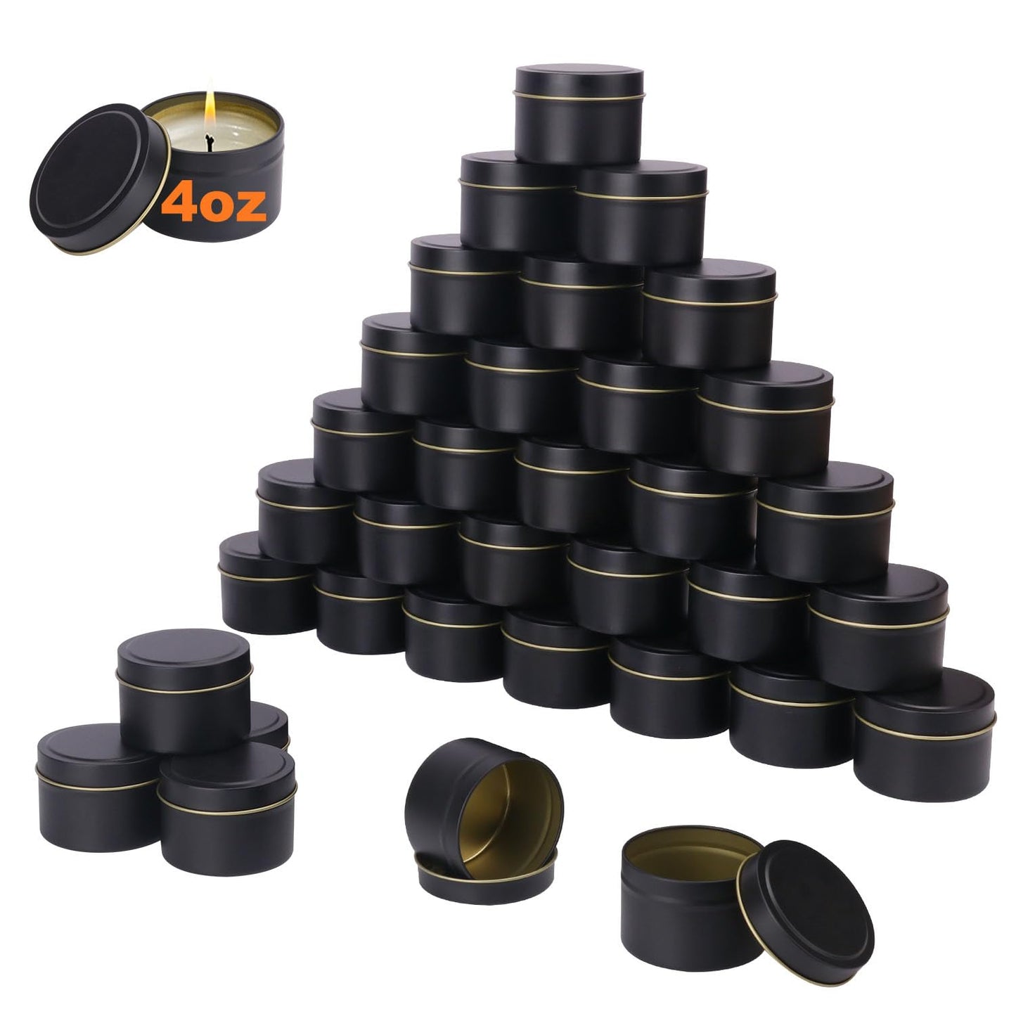 Biugaaufai 48 Pack Black Steel Round Candle Tins with Lids, 4 oz Capacity, Matte Black Finish for DIY Candle Making and Storage