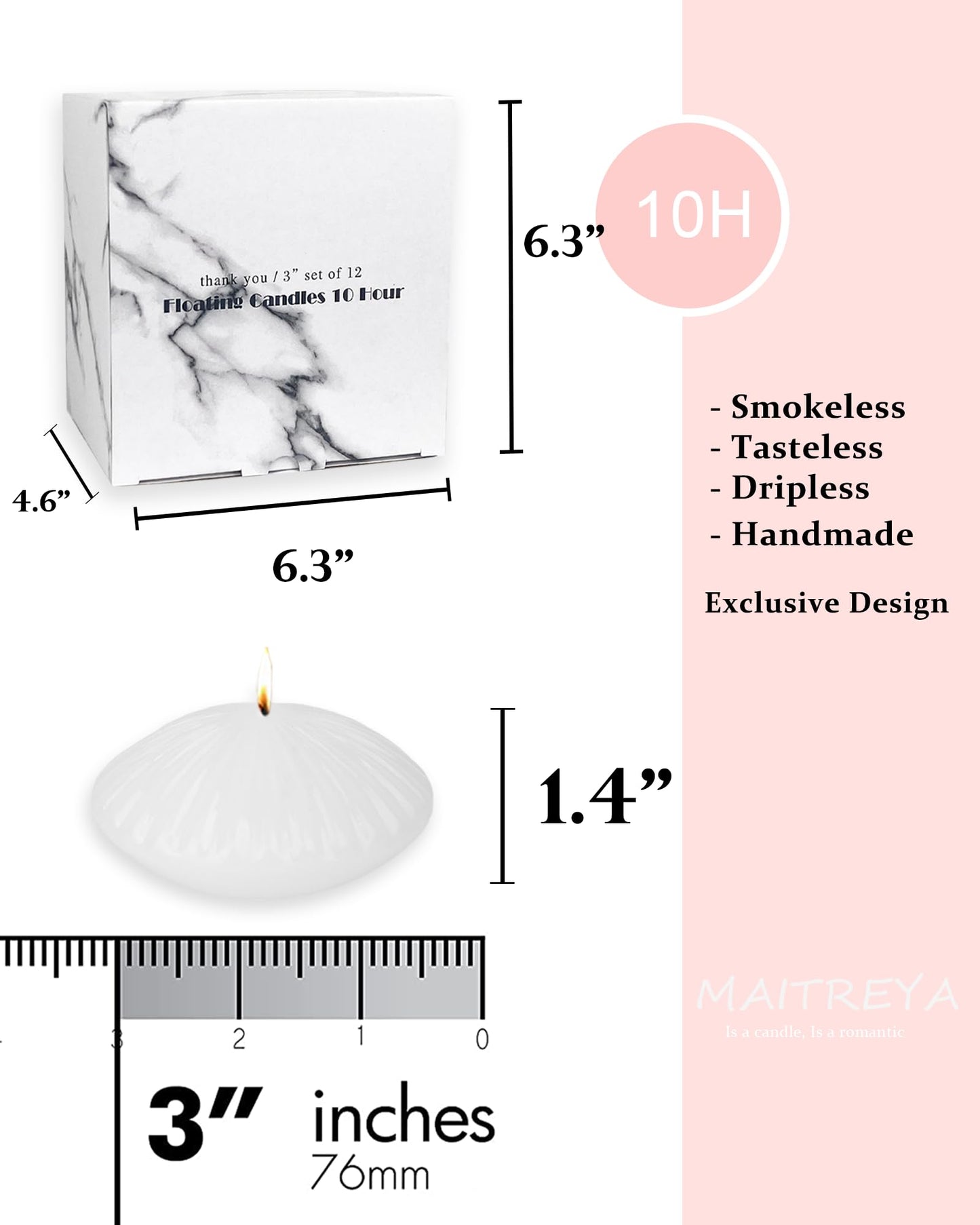 MAITREYA White Large Floating Candles 3 Inch,Unscented Classic for Weddings,Parties,Special Occasions and Home Decorations,Set of 12