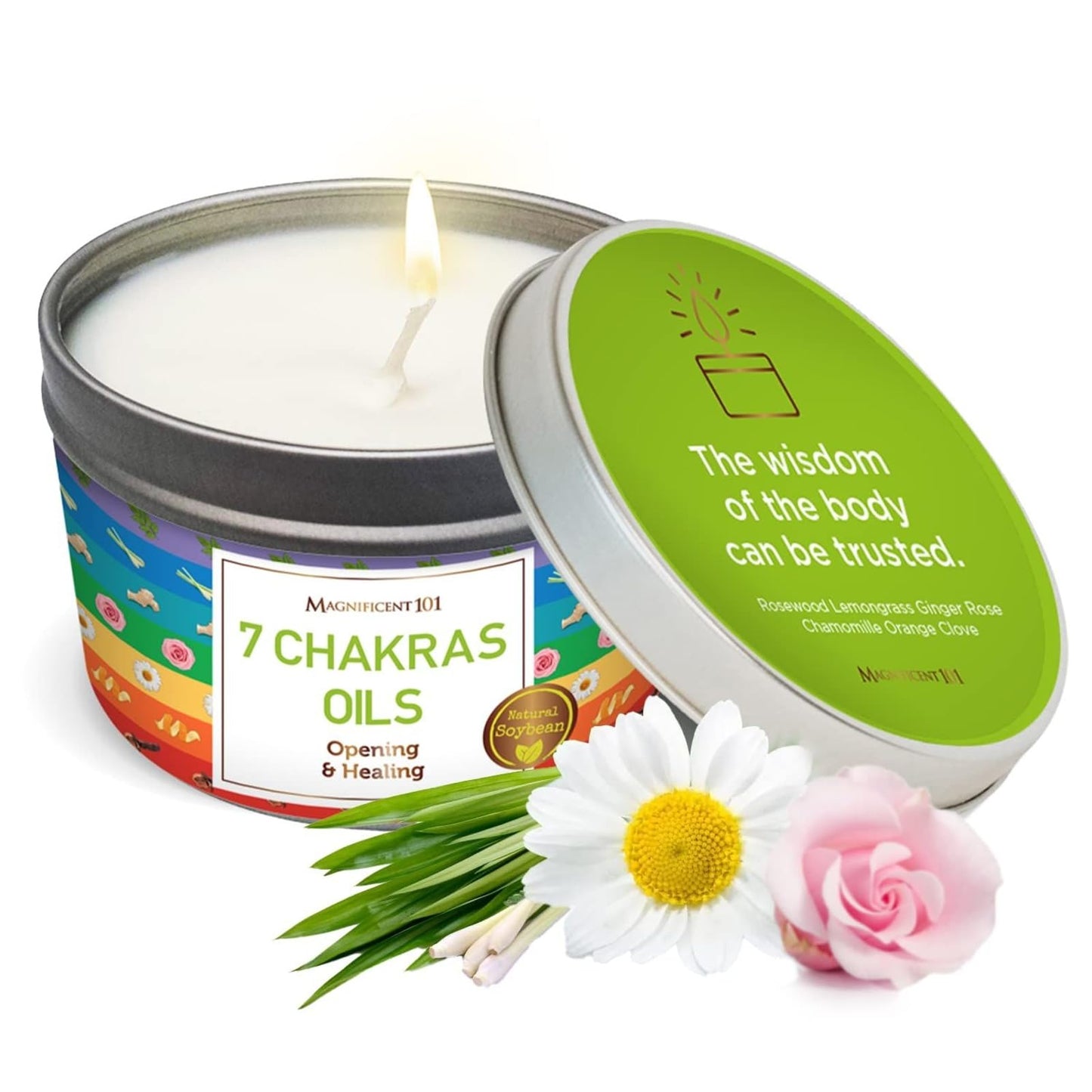 MAGNIFICENT 101 7 Chakra Energy Cleansing Aromatherapy Tin Candle with Chakra Oils - 6 Oz Orange Soy Wax - 35 Hr Burn - Healing Candle for Meditation & Manifestation