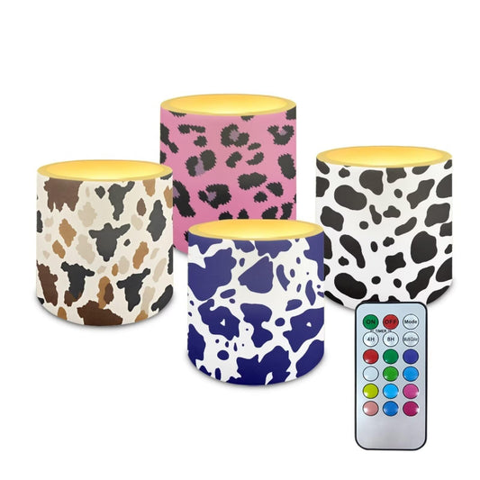 NETILGEN Colorful Cow Print 3 inch Realistic Flickering Flameless Candles with Timer Remote Control 4 Packs LED Battery Powered Candles for Home Decoration