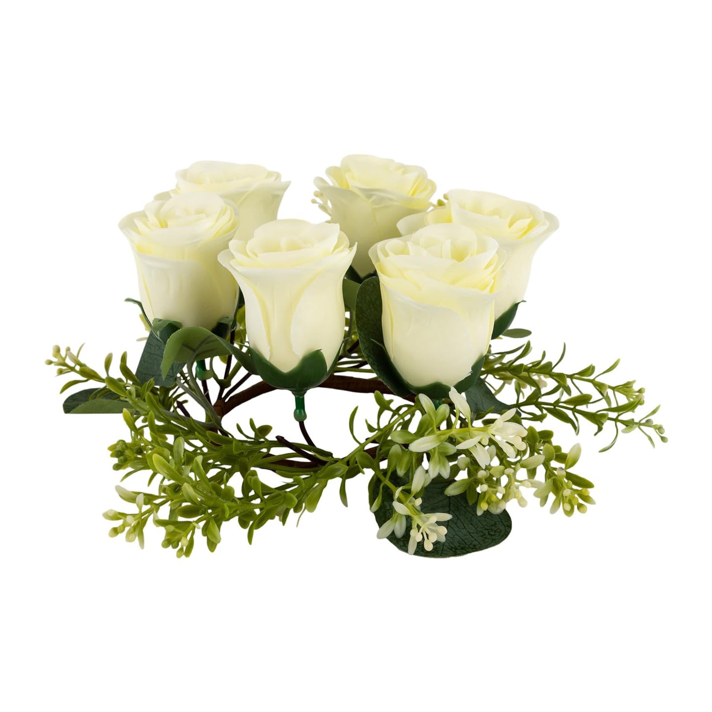 Candle Rings Wreath Centerpieces 10Pcs Cream Rose Candle Floral Wreaths 8.27In Artificial Flowers Rings Wedding Party Decor (Cream, Green)