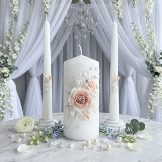 Magik Life Unity Candle Set - Wedding Ceremony & Reception – 6” Pillar & Two 10” Taper Candles – Long Burning Unity Candles for Marriage Ritual – Handmade in USA – White | Rose