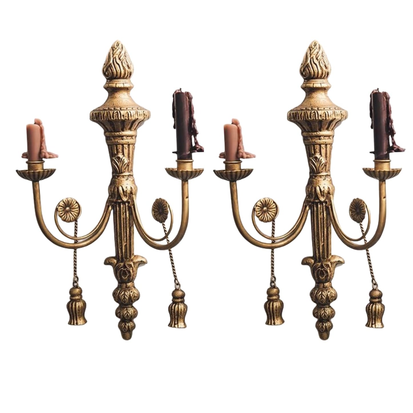 TerkCo Long Gold Wall Candle Sconces Wall Decor Set of 2,Iron Tassel Wall Mounted Candleholders, Home Wall Decoration for Living Room,Dining Room, Bedroom,Fireplace（No Candle）