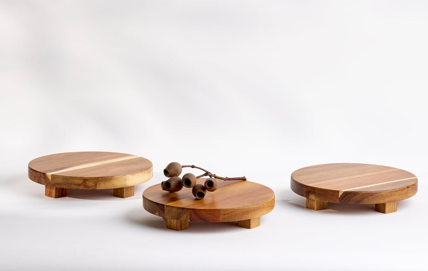 Kurrajong Farmhouse footed wooden tray | wood pedestal stand | 10" wide and 2" high round riser board | acacia wood pedestal board | plant holder