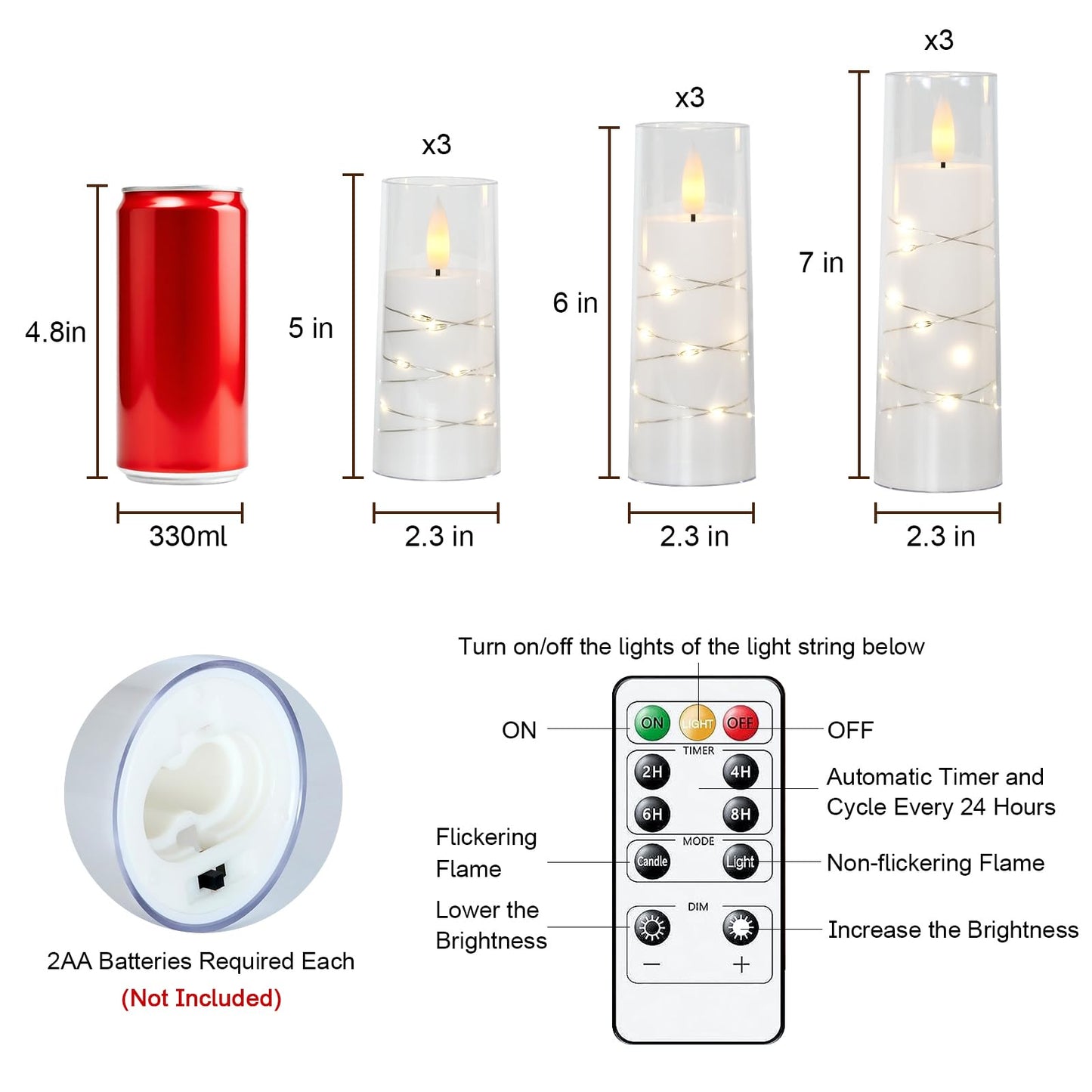Raycare Flameless Candle with Remote Timer – 9 Flickering Acrylic Battery Operated LED Pillar Candles with Embedded Star String for Christmas, Wedding, Home Table Decor, and as a Gift (White)