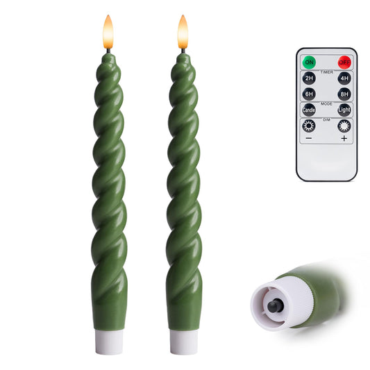 West Ivory Full Twisted Spiral Flameless LED Taper Candles – Loden Green, Set of 2 – 2/4/6/8-Hr Timer (24-Hr Memory), Remote, Dimmable, Bottom On/Off Button, Flicker/Steady, Battery Operated