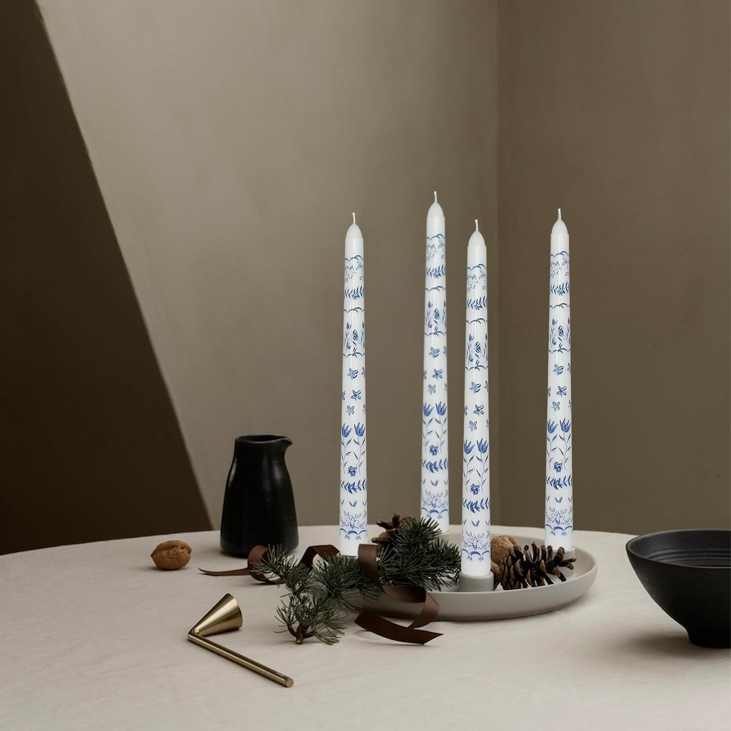 Chinoiserie Printed Taper Candle White with Blue Pastoral Floral Candlesticks 10 Inch Drip Handmade Long Tapered Candles, Set of 2 for Wedding & Home Decor Gifts
