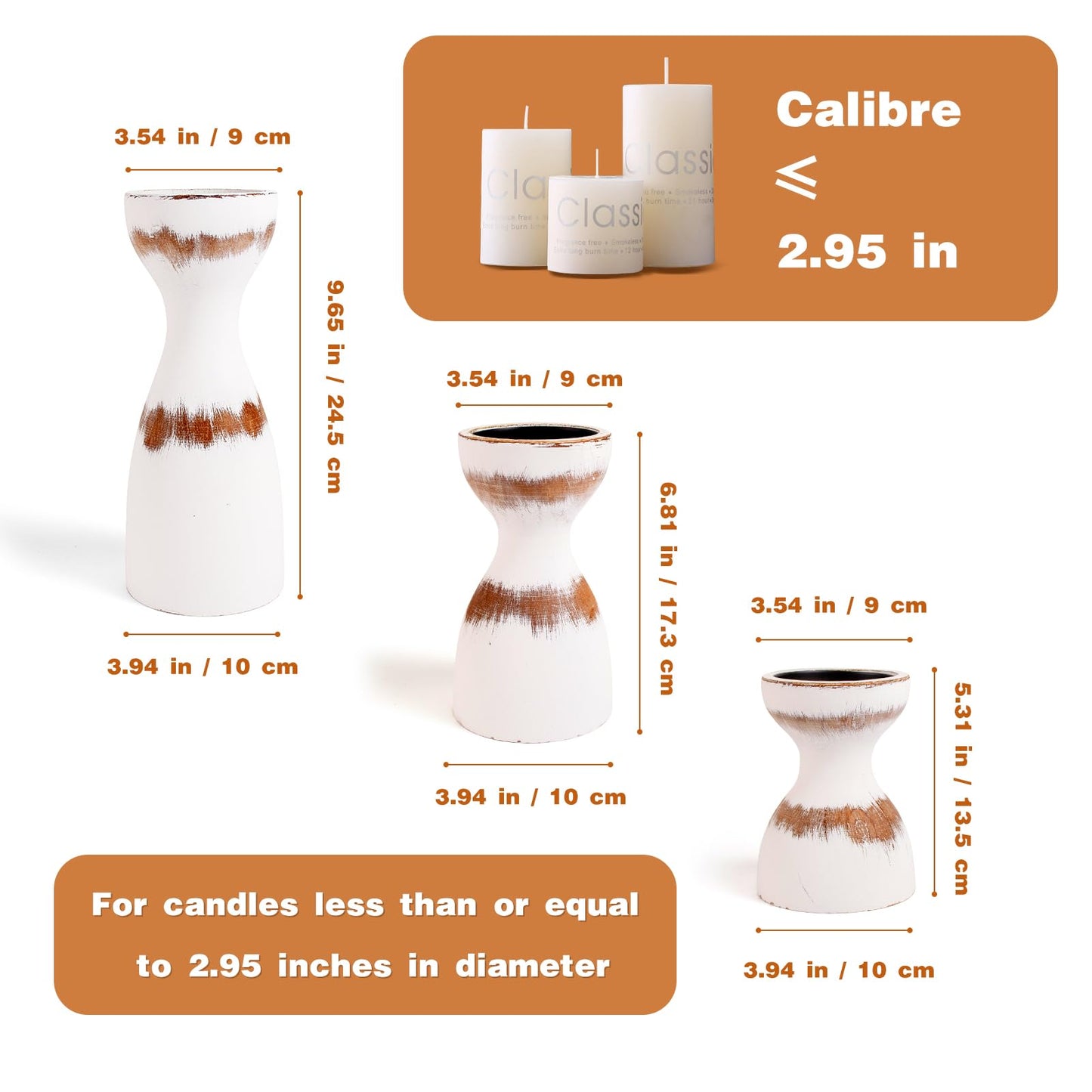Set of 3 Farmhouse Wooden Candle Holders for Pillar Candles, White Distresse Rustic Wood Pillar Candle Stands with Hemp Rope Bow Table Centerpiece Decor for Fireplace, Living, and Dining Room