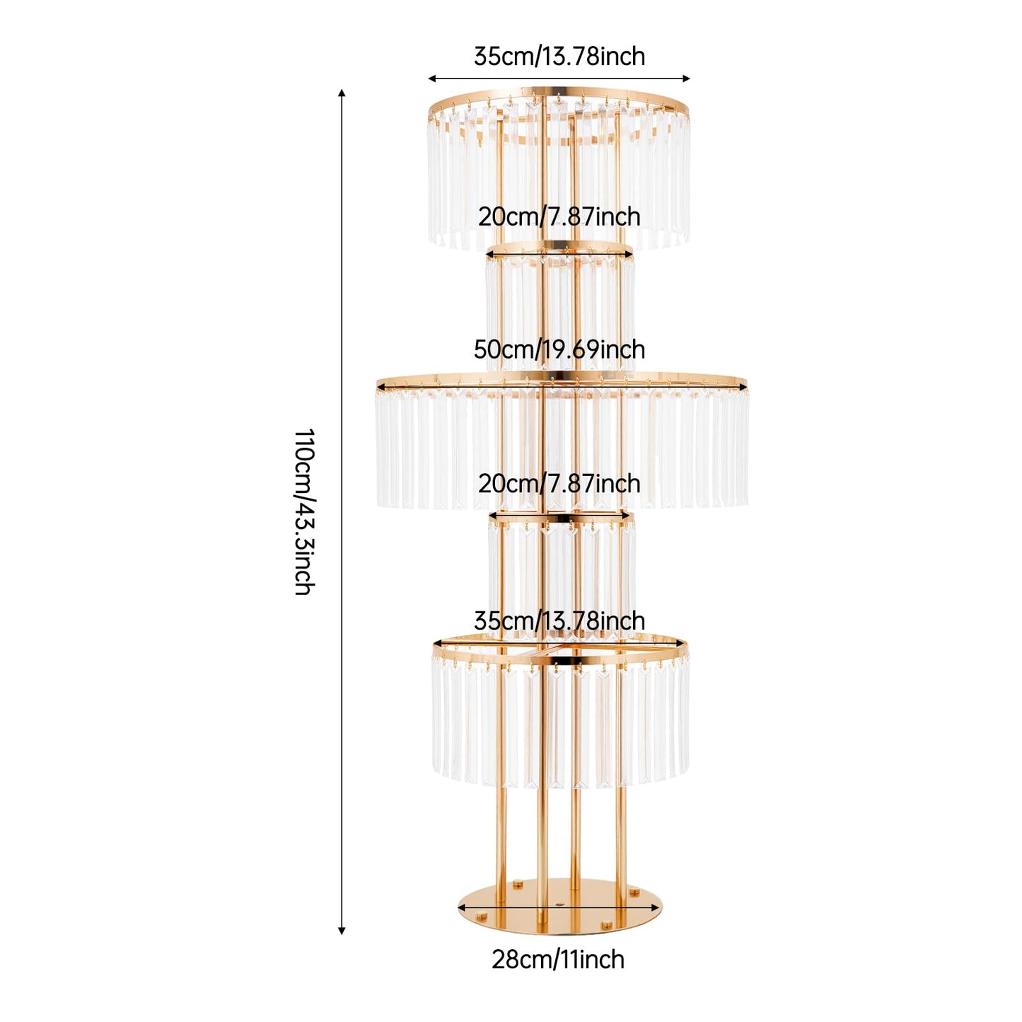 2 PCS Crystal Vases for Centerpieces, 43.3 in Tall Metal Pedestal Stands with Hanging Crystals for Table Chandelier Centerpiece, 5 Tiers Flower Stand for Wedding Reception Party (Gold, Round Base)