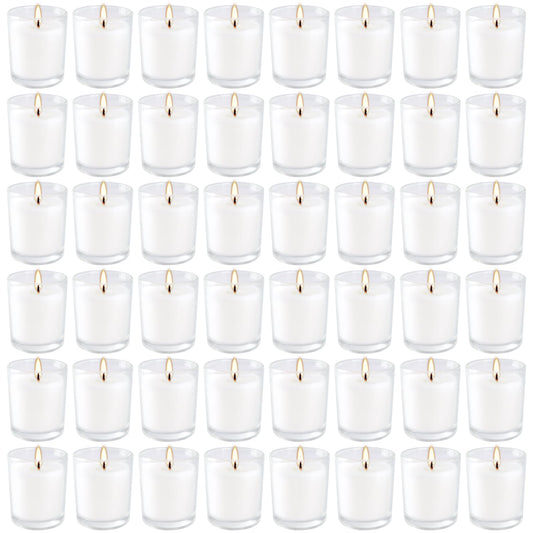 YOROXRG 48 Pack White Unscented Clear Glass Filled Votive Candles. Hand Poured Wax Candle Ideal Gifts for Home Décor Parties Weddings Holidays and Meditation (White)