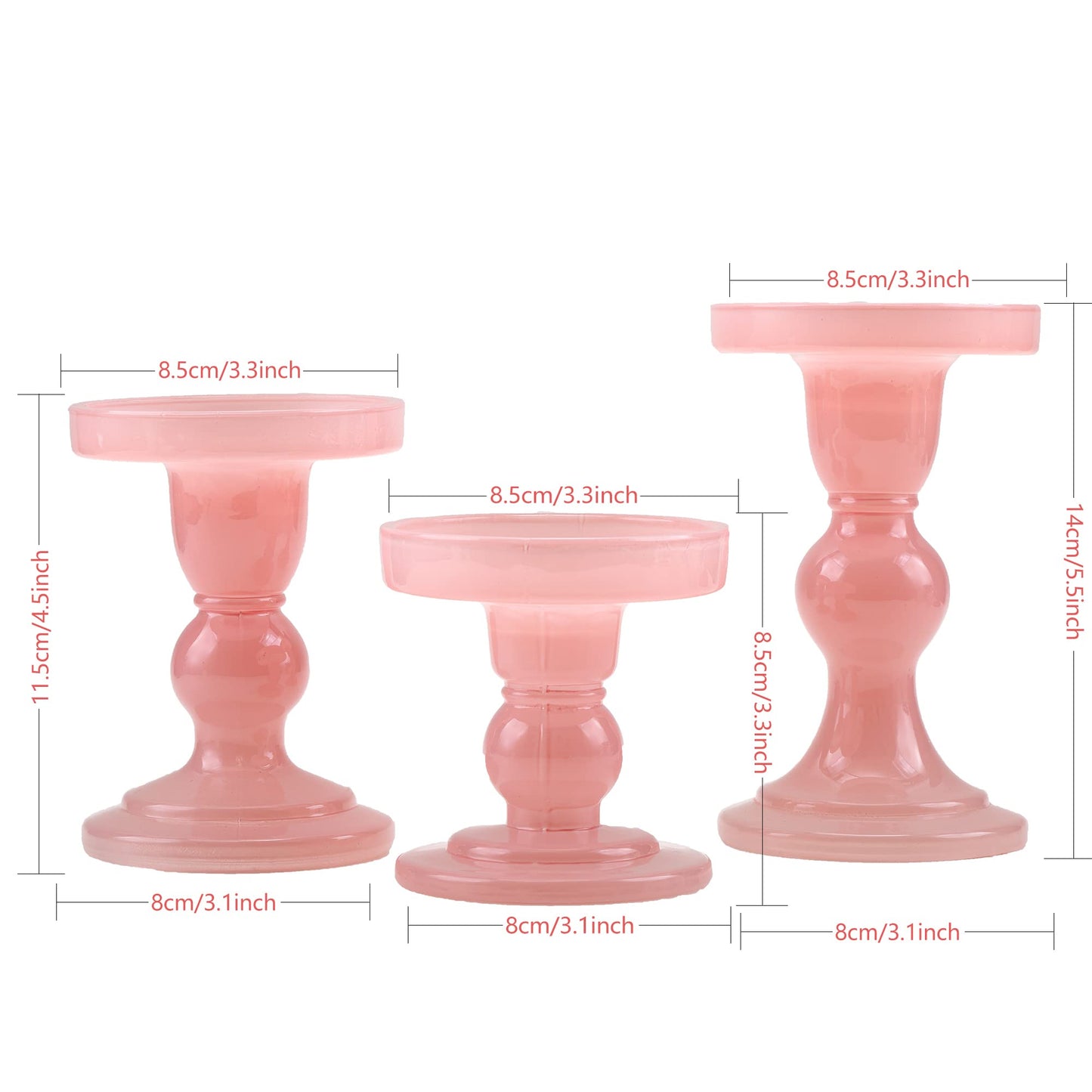 GMWD 3 Pcs Glass Candle Holder Set Clear, Pink Candlesticks Holders Pillar Taper Candles Tealight Stand for Wedding Centerpieces Home Decorations Dining Table