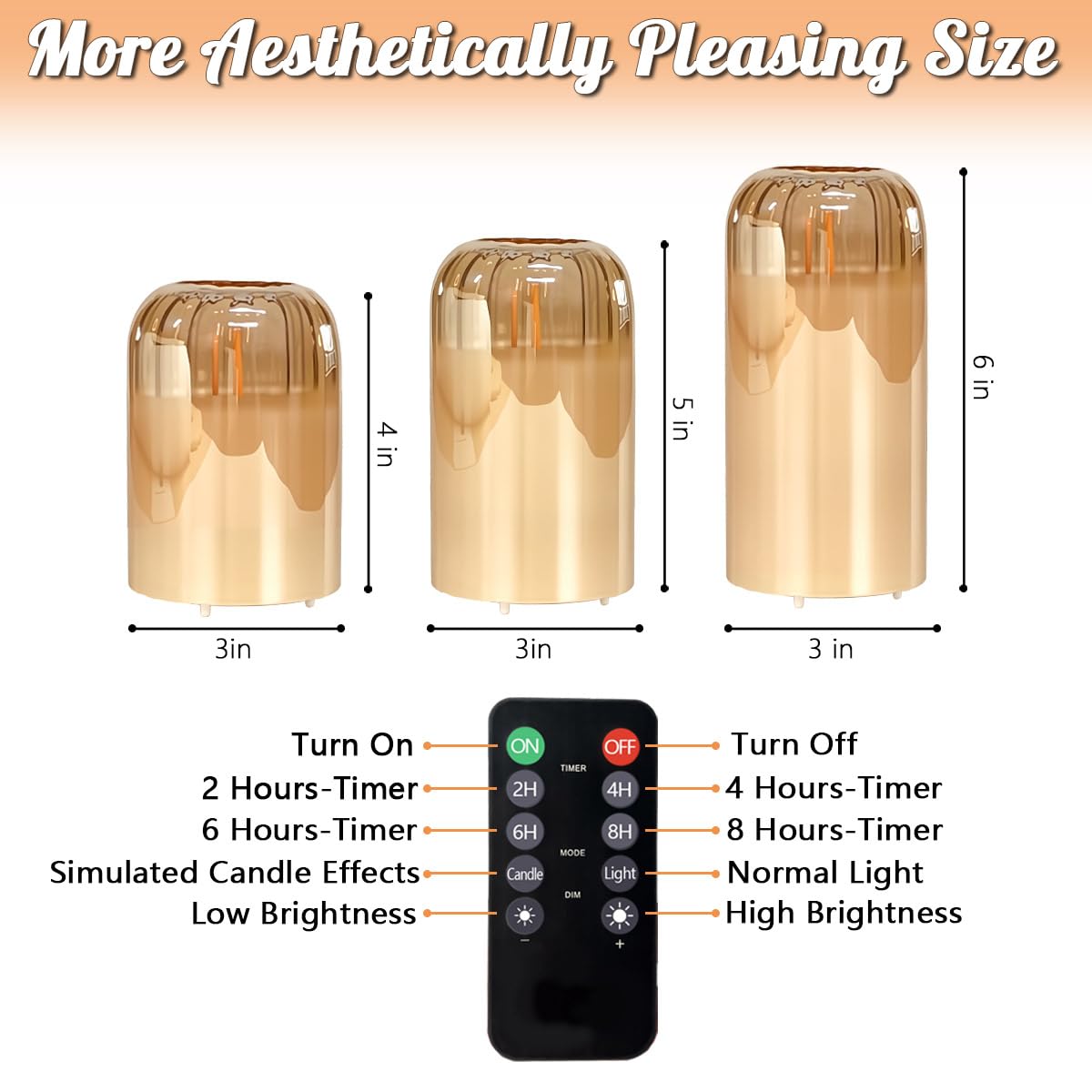 NICE POINT 3Pcs LED Candle Set Rechargeable with Remote Control,Gold Glass Flameless Candles,Candle Lights for Home Decor, Bedroom, Bathroom Accessories，Pumpkin Fake Candles for Halloween