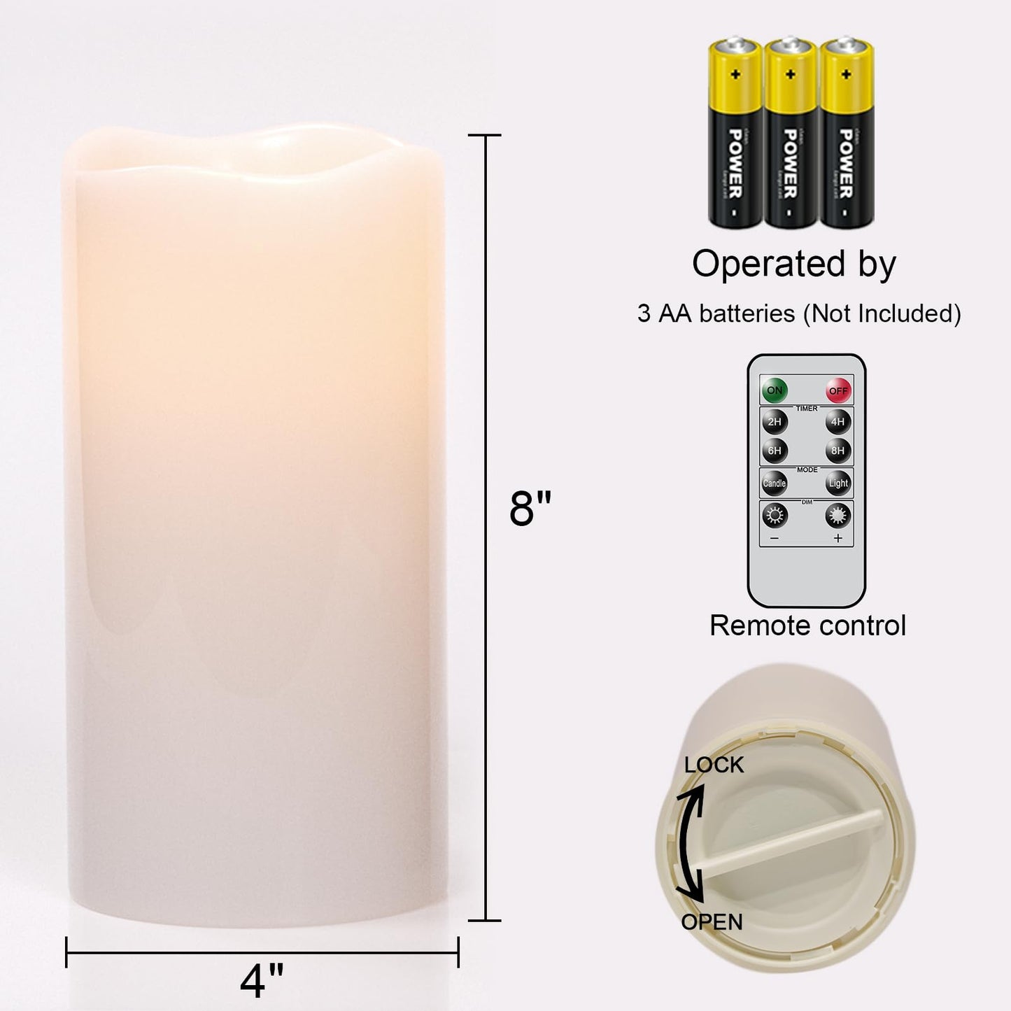 Eldnacele 8" × 4" Waterproof Outdoor Large Flameless Candles Remote and Timer, Battery Operated White Plastic LED Flickering Pillar Candles 2 Pack Dinner Wedding Porch Garden Lanterns Home Decor